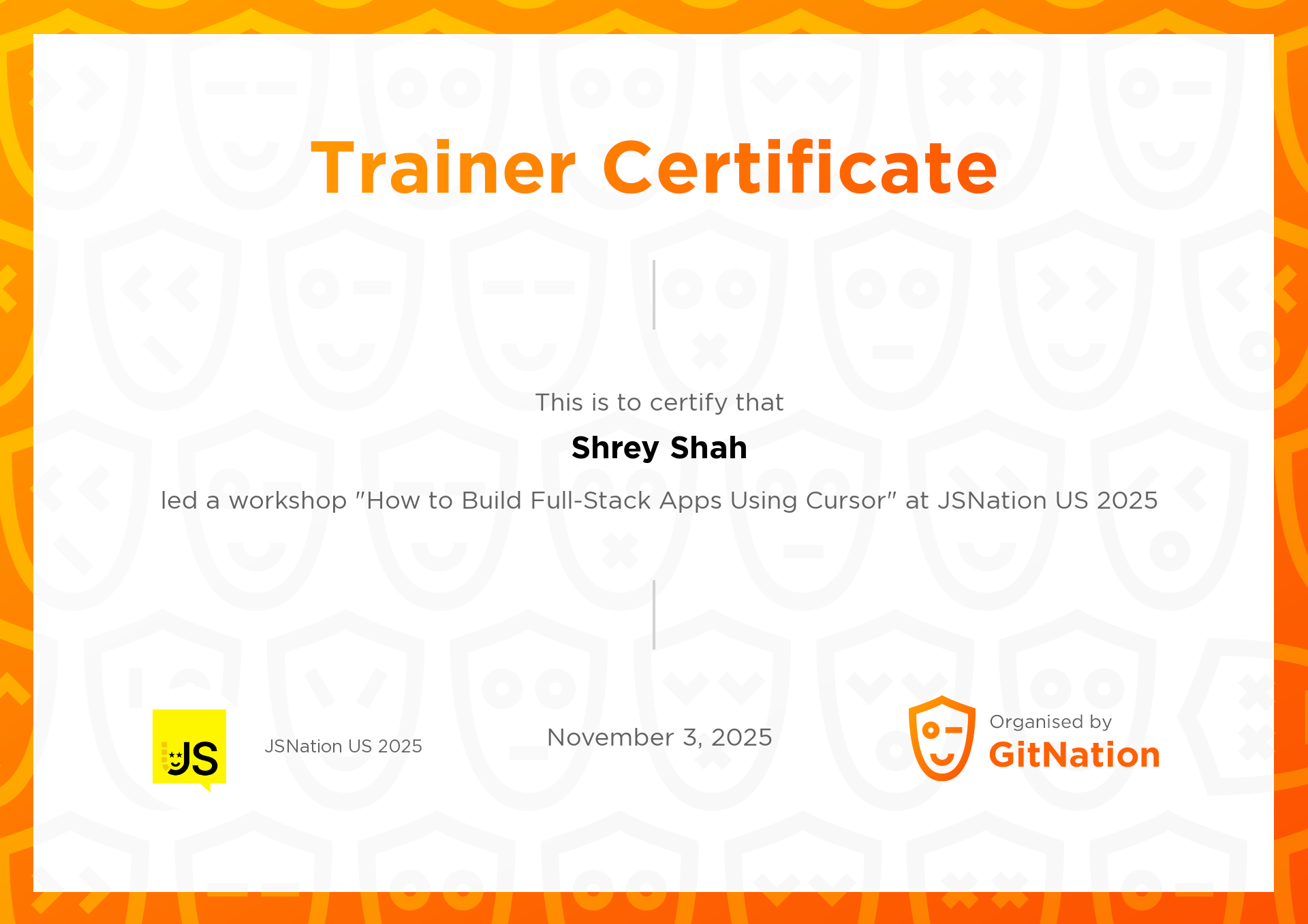 Shrey Shah's Certificate from JSNation US