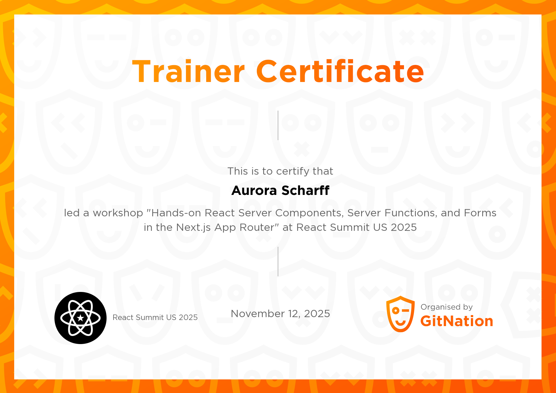 Aurora Scharff's Certificate from React Summit US