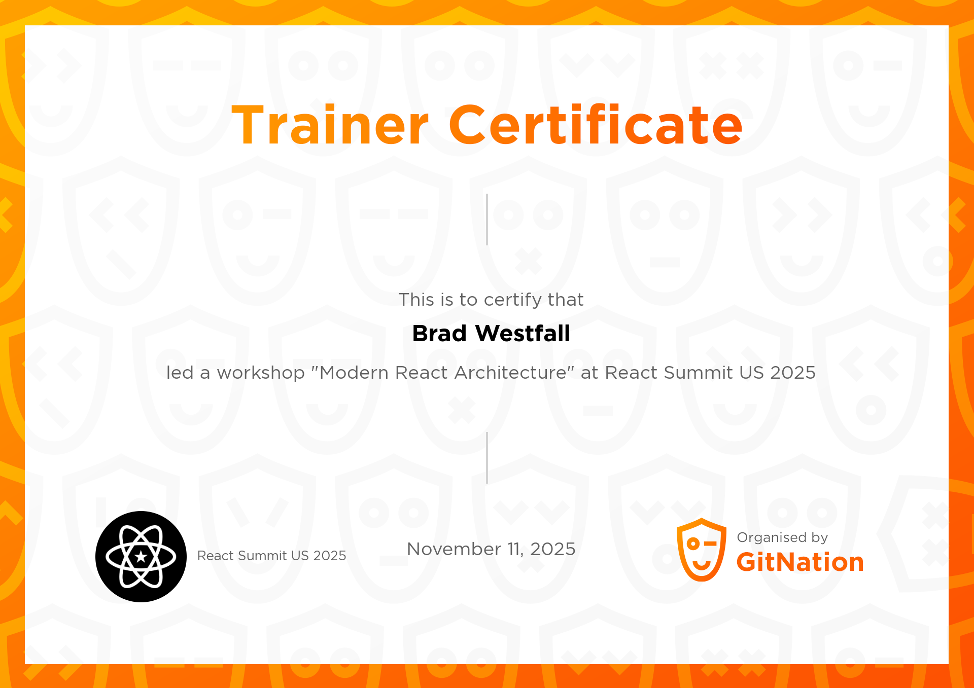 Brad Westfall's Certificate from React Summit US