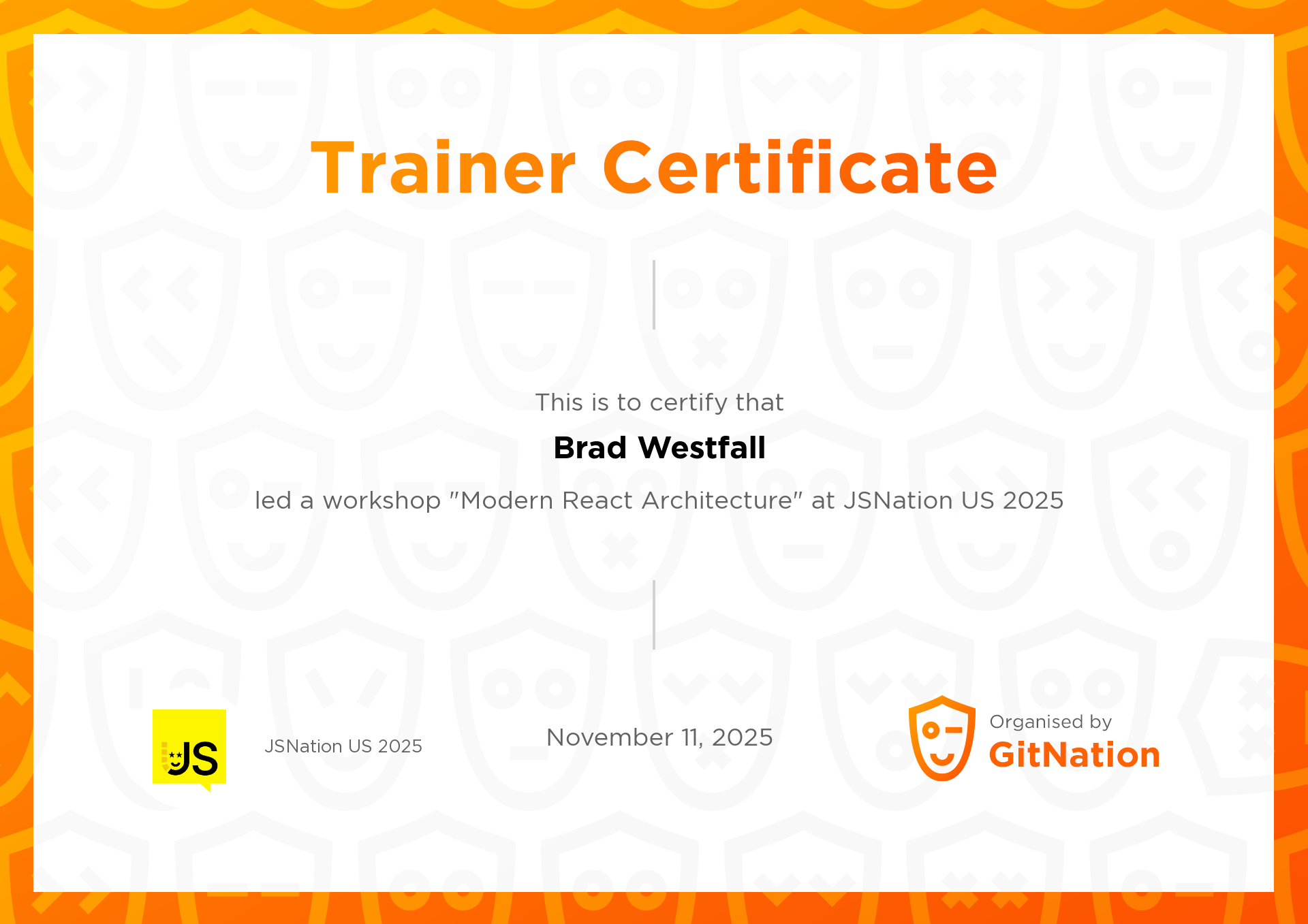 Brad Westfall's Certificate from JSNation US