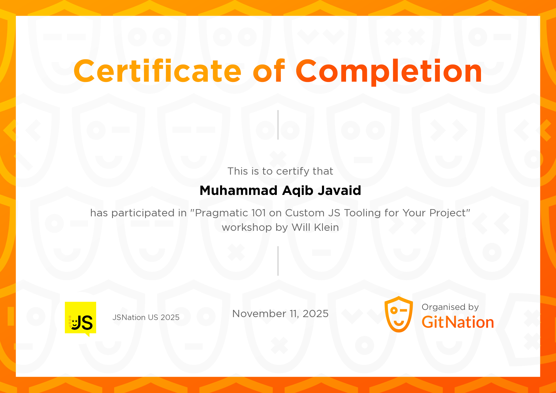 Muhammad Aqib Javaid's Certificate from JSNation US