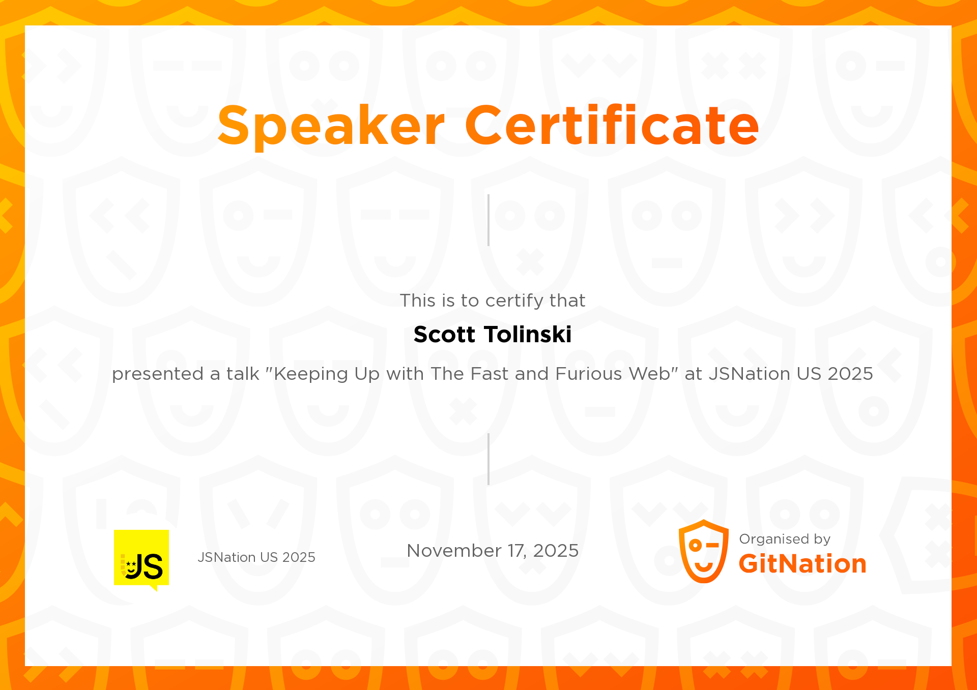 Scott Tolinski 's Certificate from JSNation US