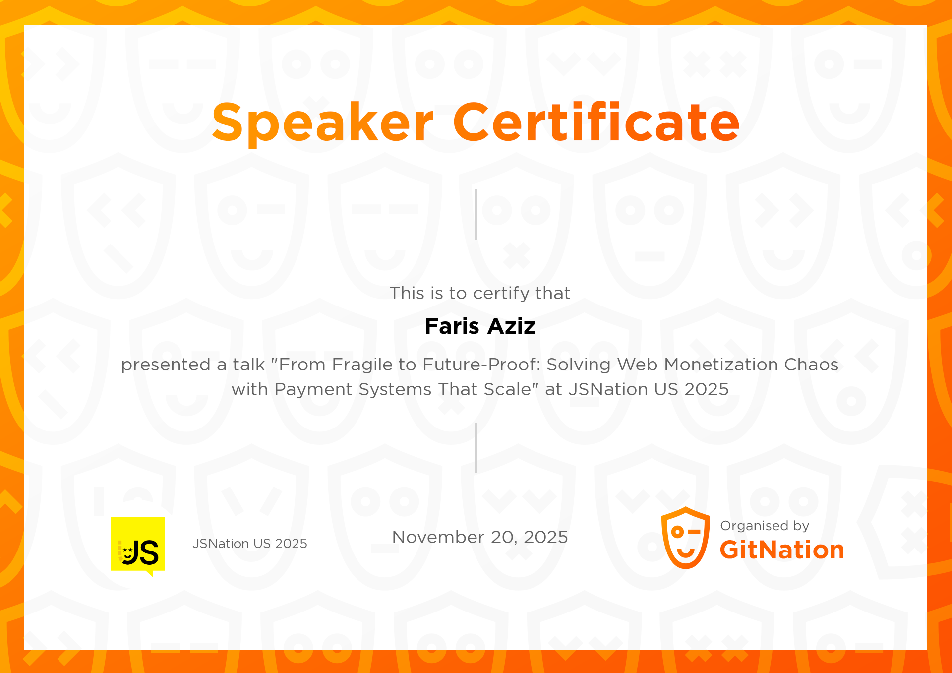 Faris Aziz's Certificate from JSNation US