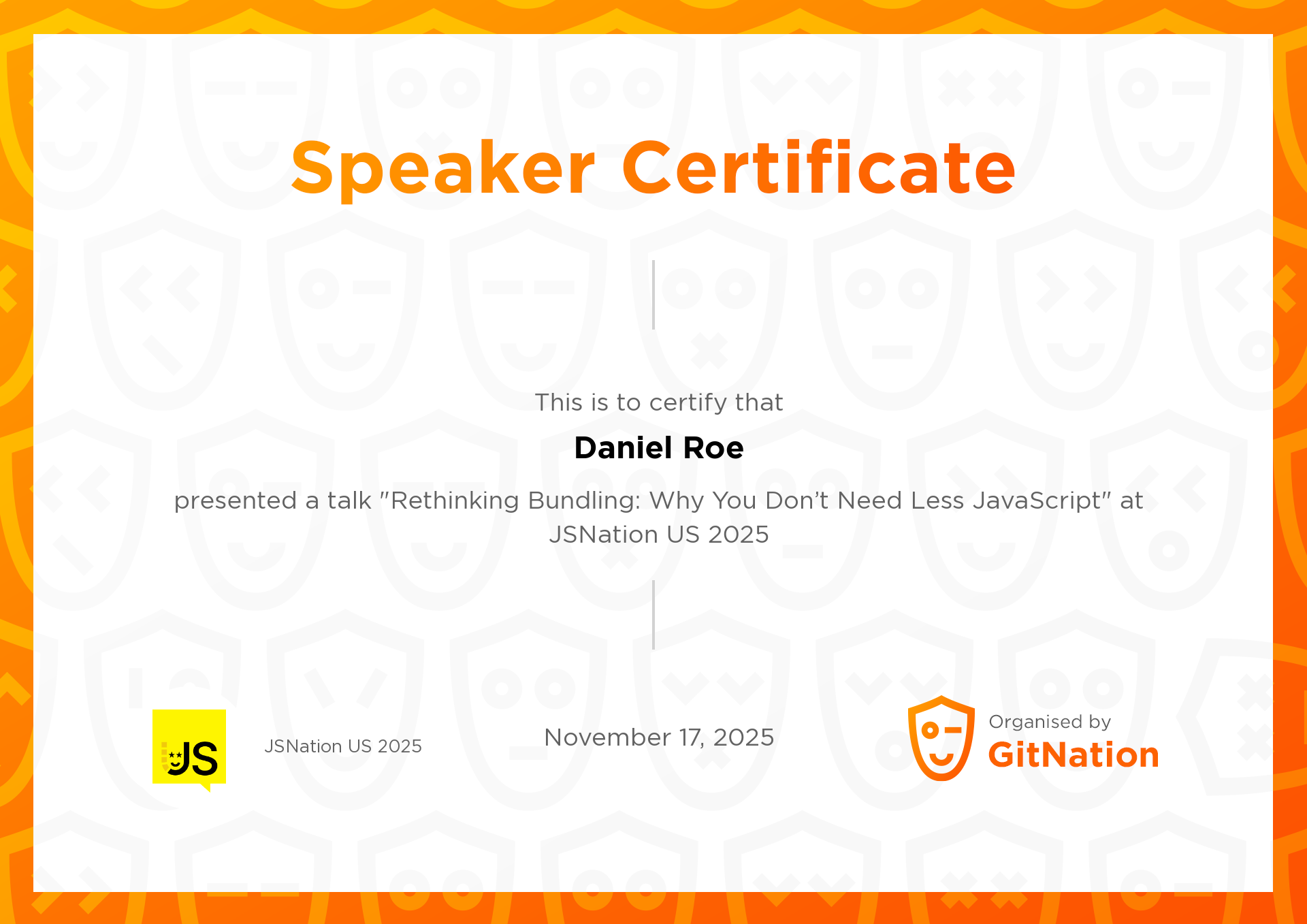 Daniel Roe's Certificate from JSNation US