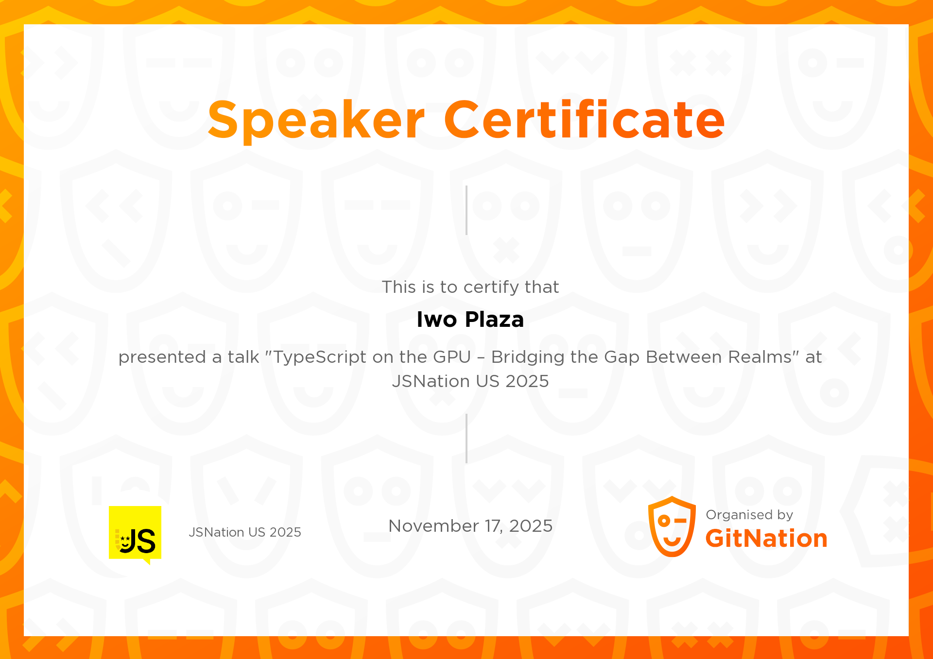 Iwo Plaza's Certificate from JSNation US