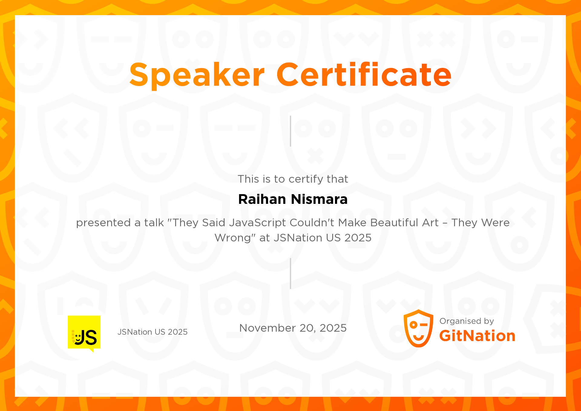 Raihan Nismara's Certificate from JSNation US