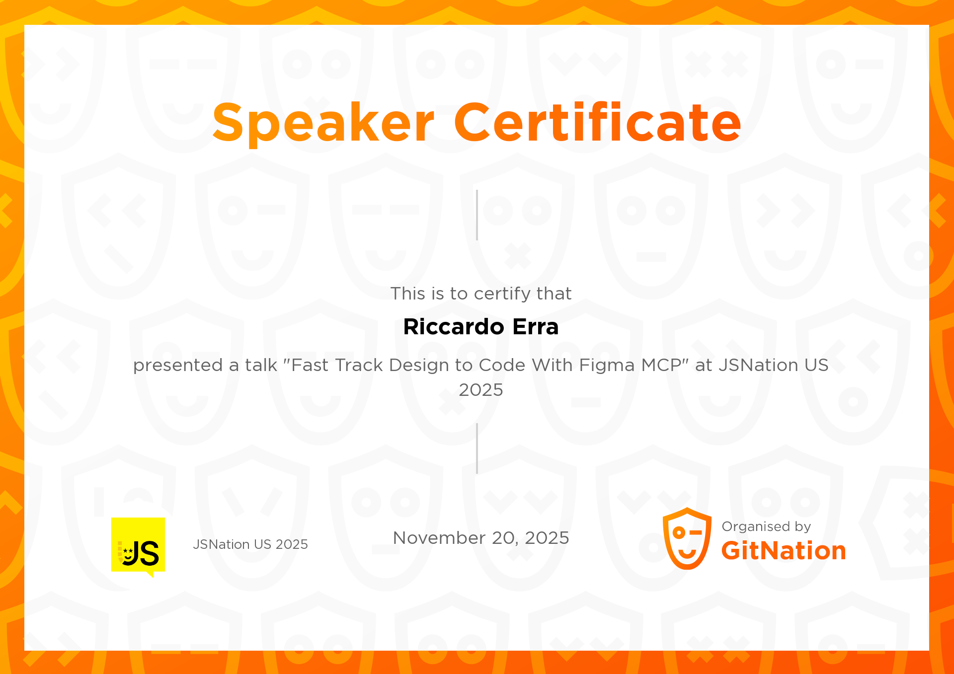 Riccardo Erra's Certificate from JSNation US