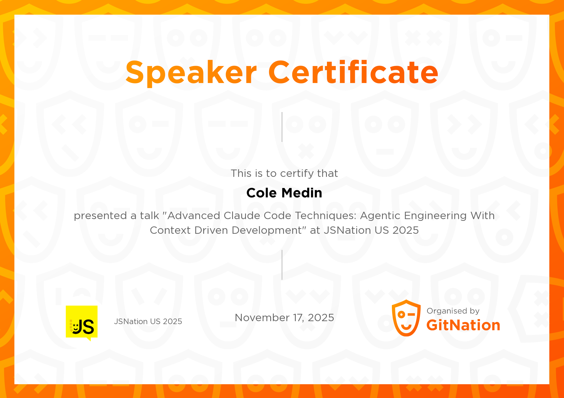 Cole Medin's Certificate from JSNation US