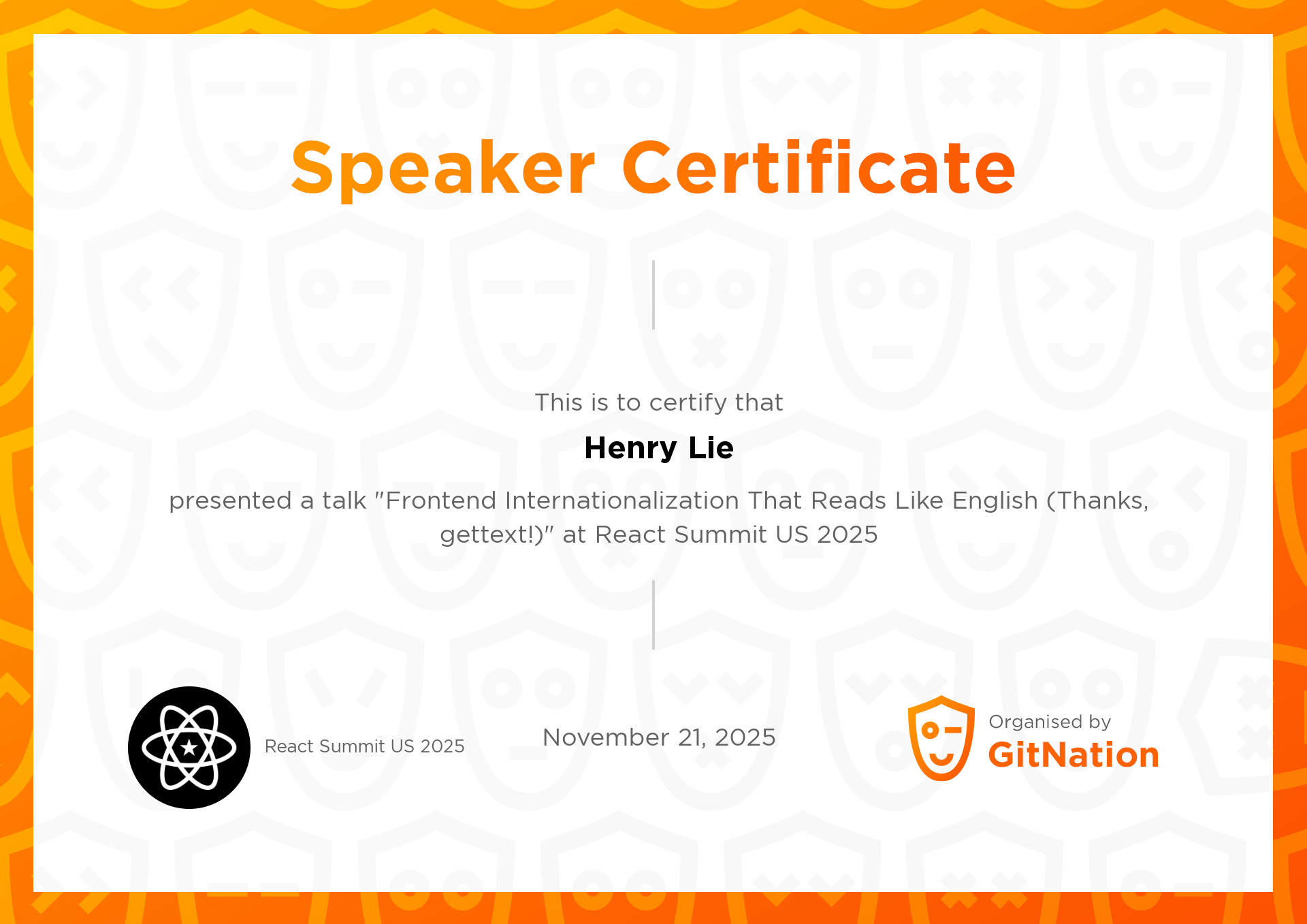 Henry Lie's Certificate from React Summit US