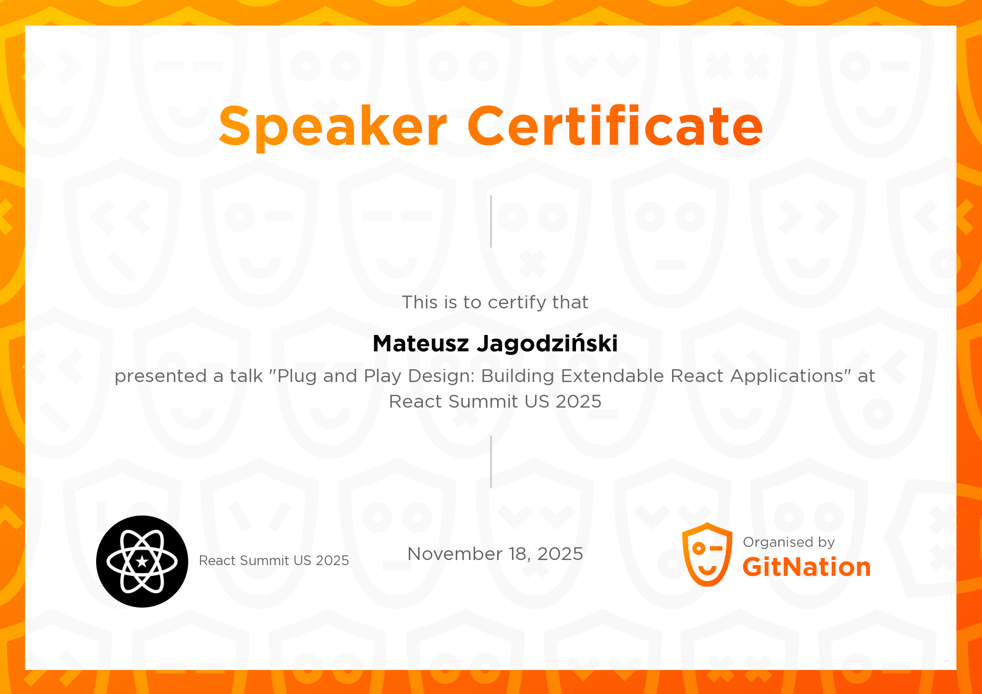 Mateusz Jagodziński's Certificate from React Summit US