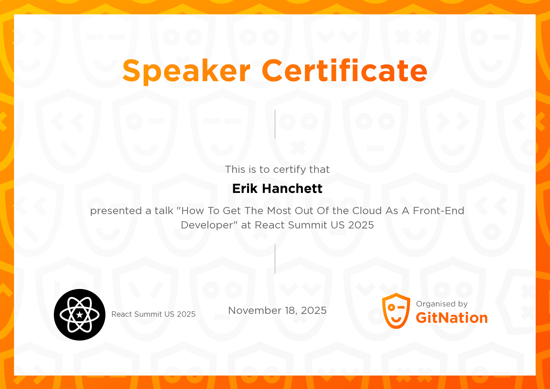Erik Hanchett's Certificate from React Summit US