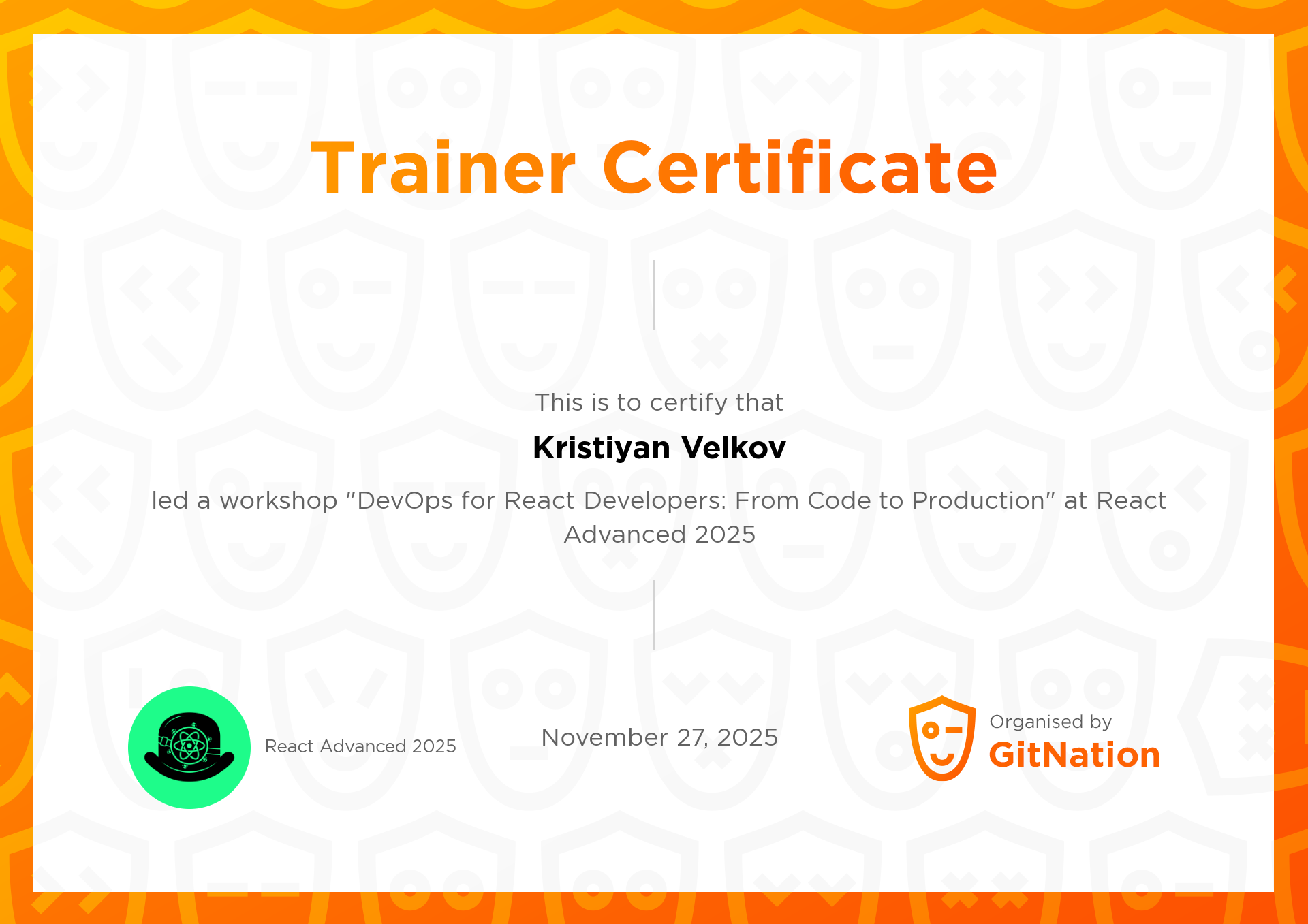 Kristiyan Velkov's Certificate from React Advanced