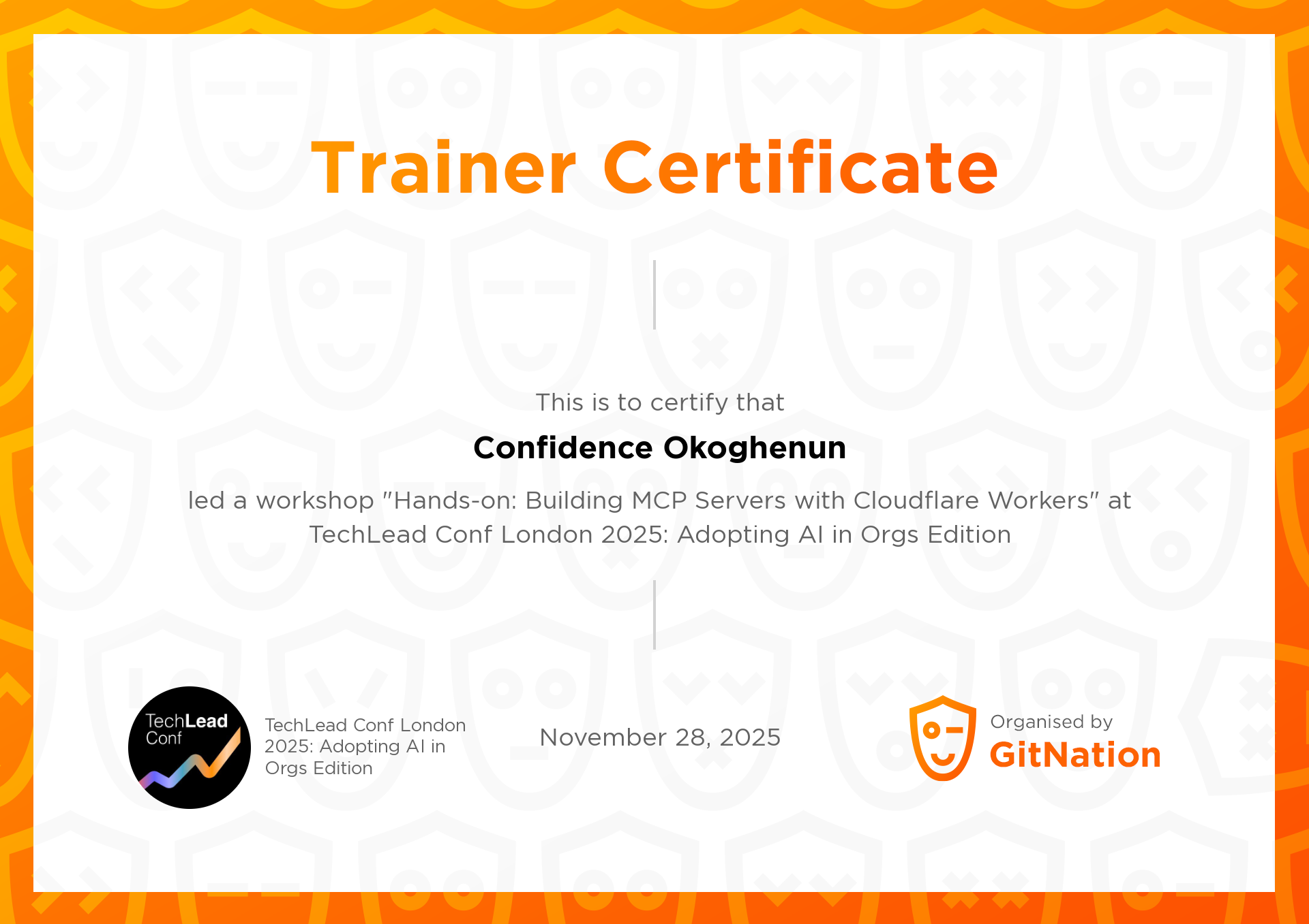 Confidence Okoghenun's Certificate from TechLead Conference