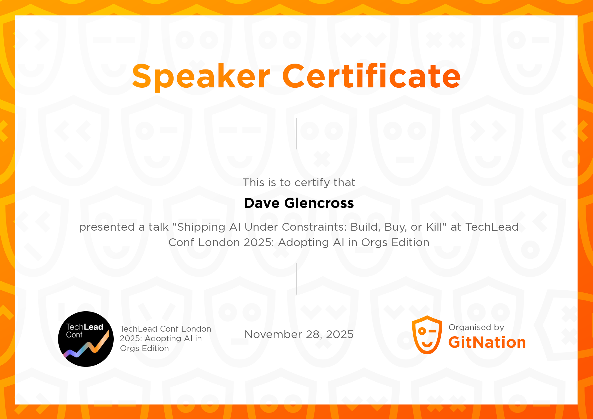 Dave Glencross's Certificate from TechLead Conference