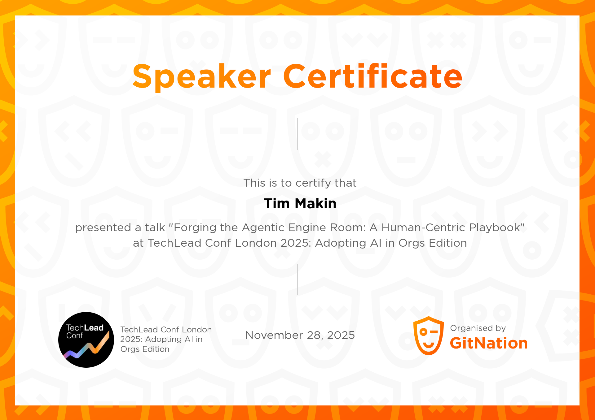 Tim Makin's Certificate from TechLead Conference