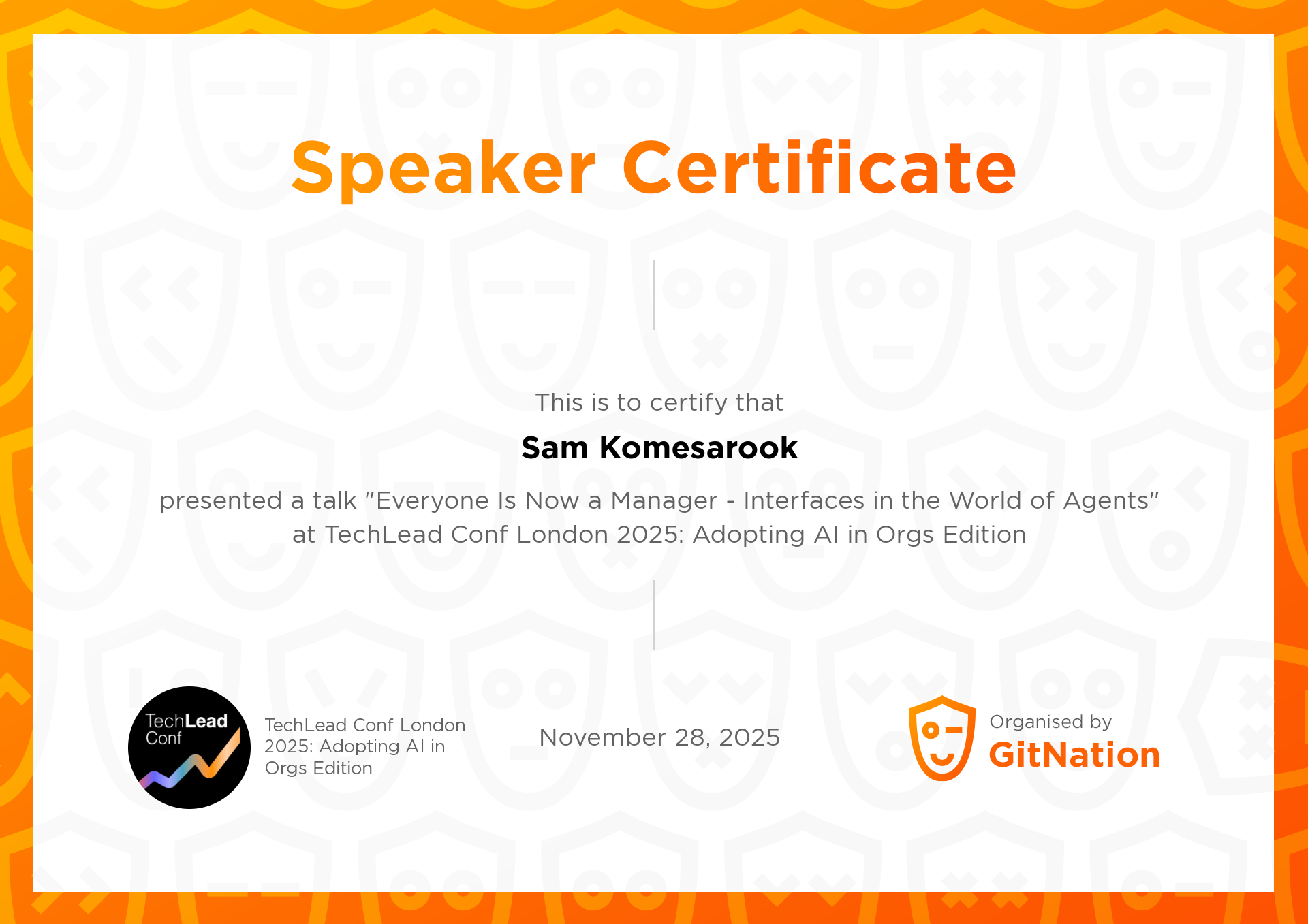 Sam Komesarook's Certificate from TechLead Conference