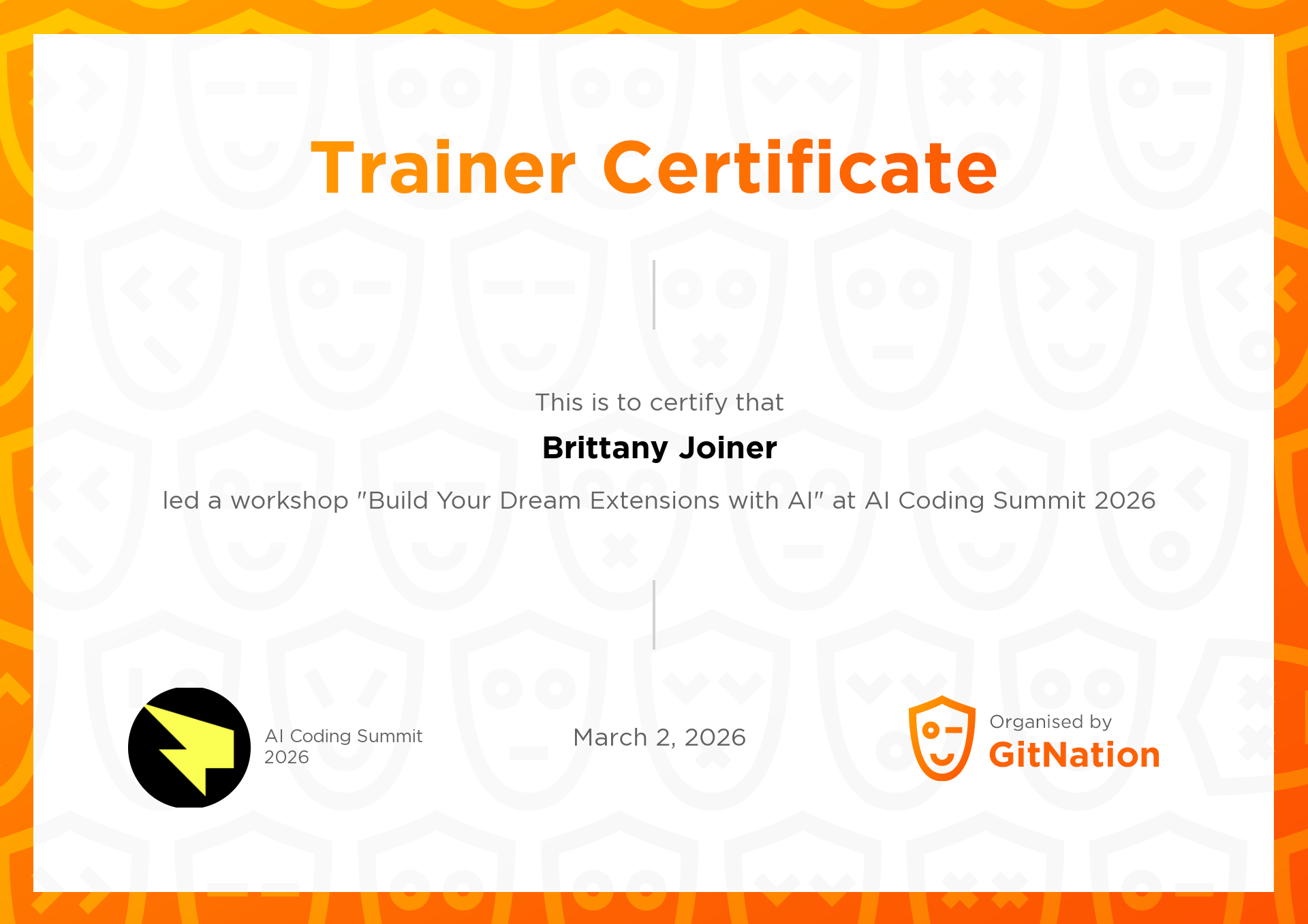 Brittany Joiner's Certificate from AI Coding Summit