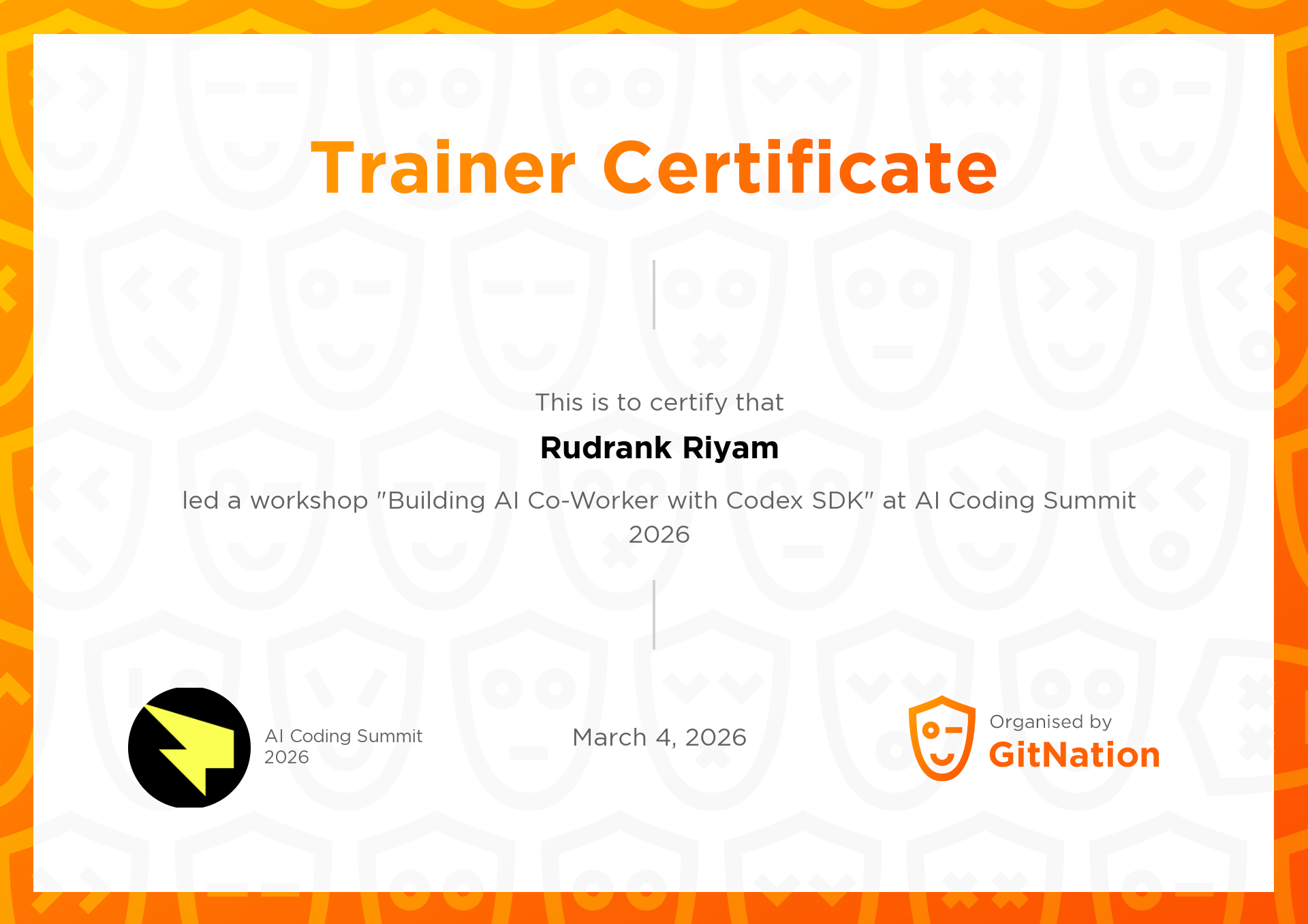 Rudrank Riyam's Certificate from AI Coding Summit