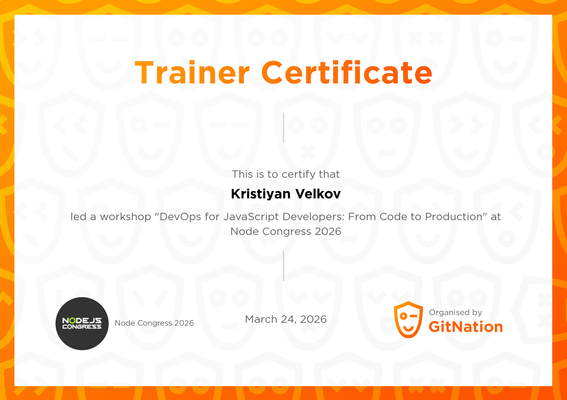 Kristiyan Velkov's Certificate from Node Congress