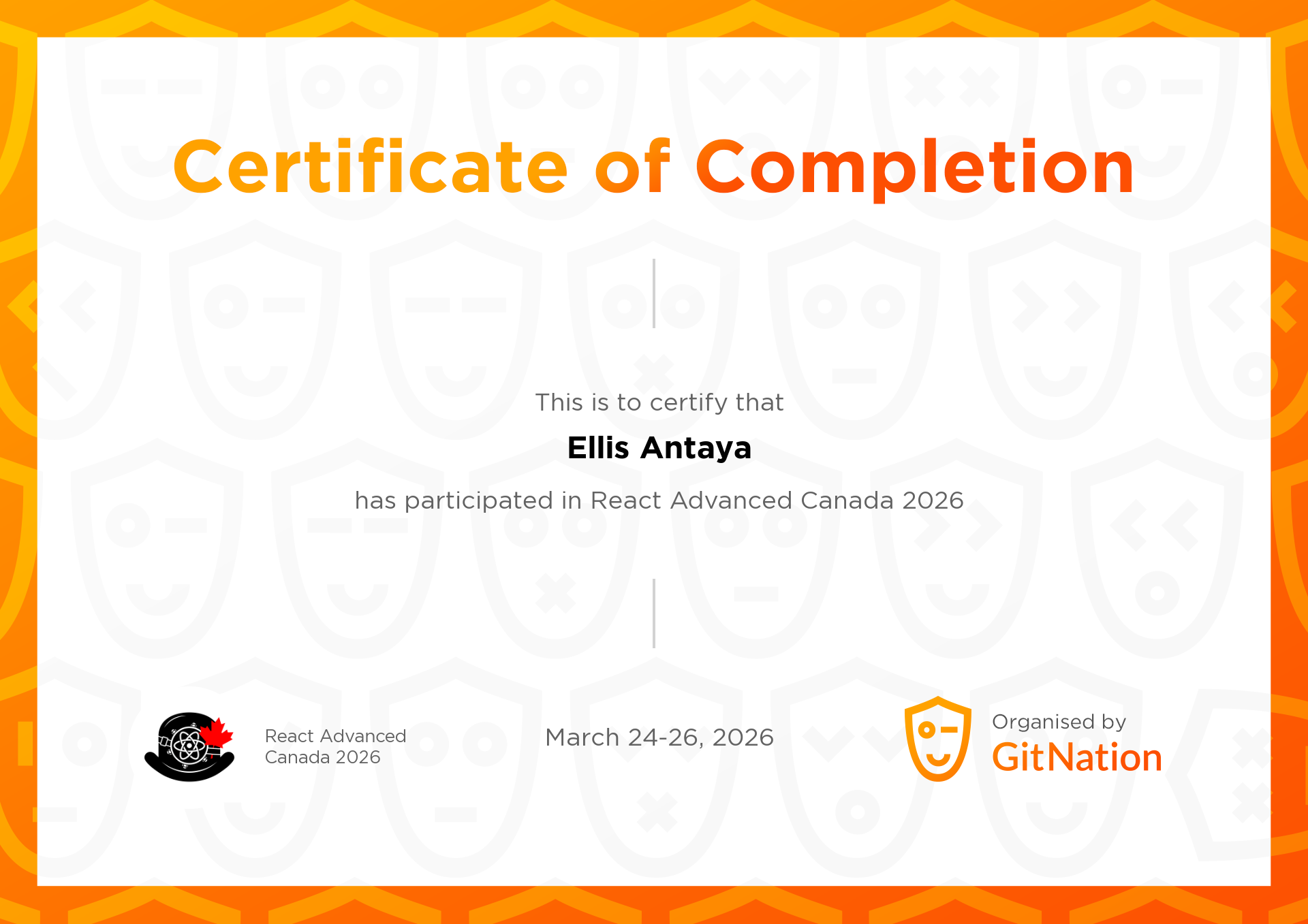 Ellis Antaya's Certificate from React Advanced Canada