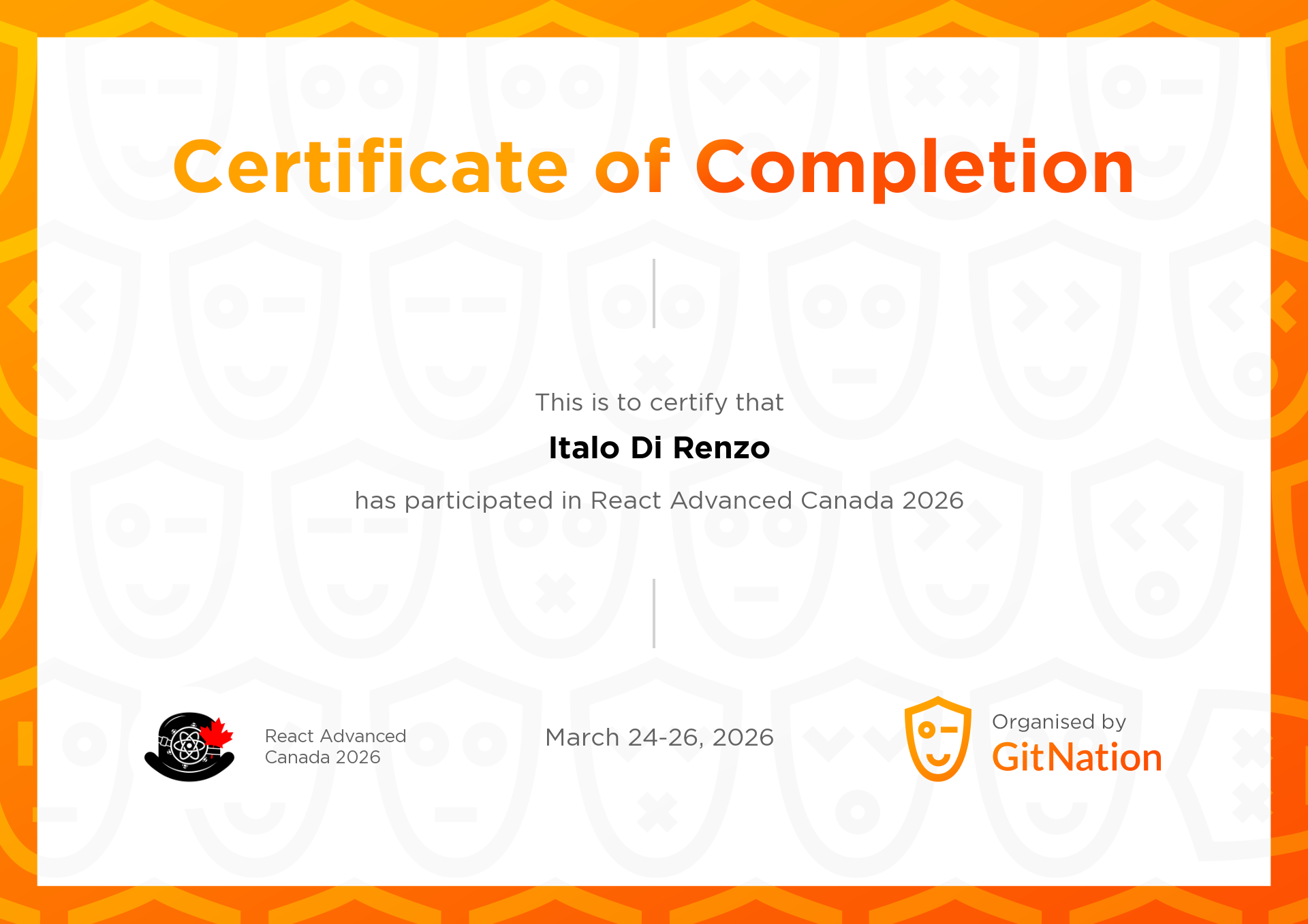 Italo Di Renzo's Certificate from React Advanced Canada