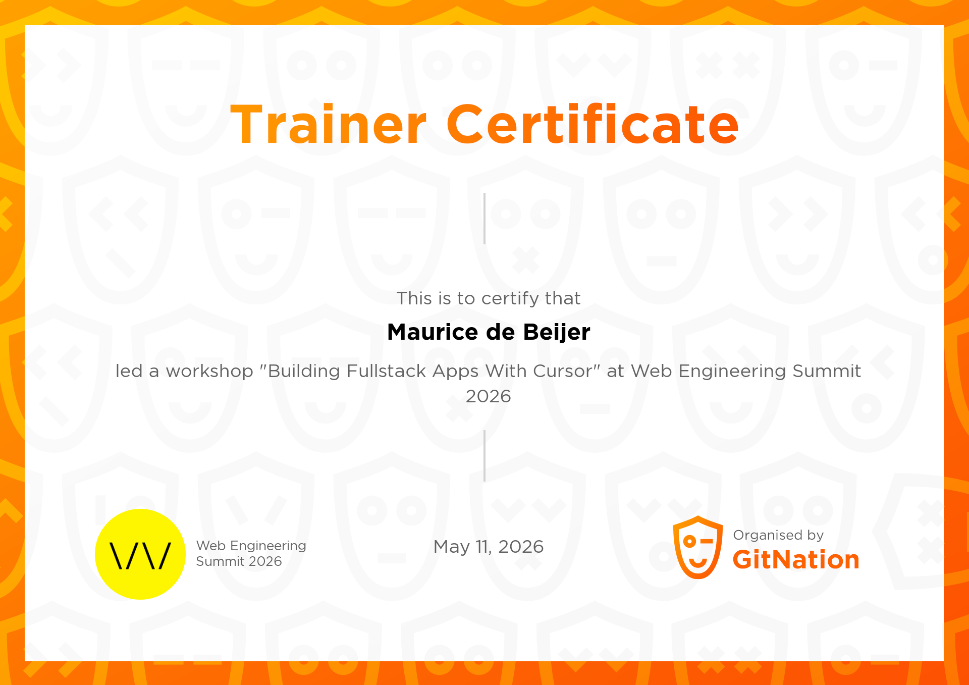 Maurice de Beijer's Certificate from Web Engineering Summit