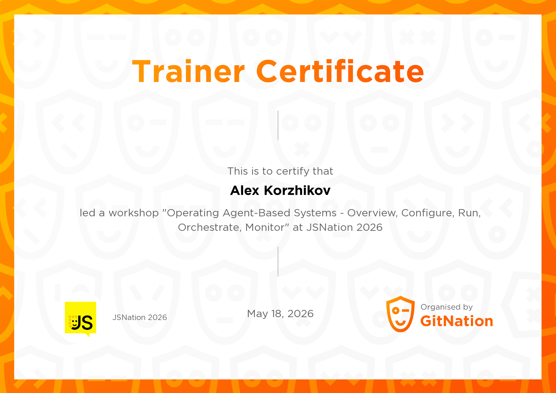Alex Korzhikov's Certificate from JS Nation