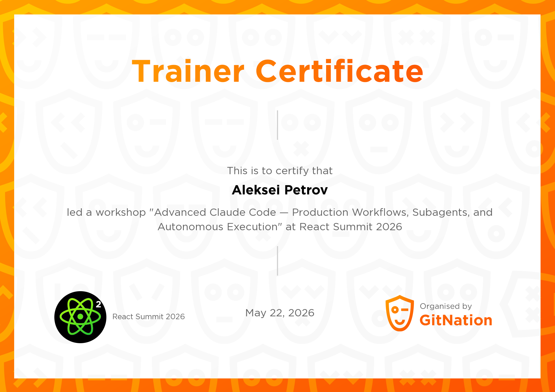 Aleksei Petrov's Certificate from React Summit
