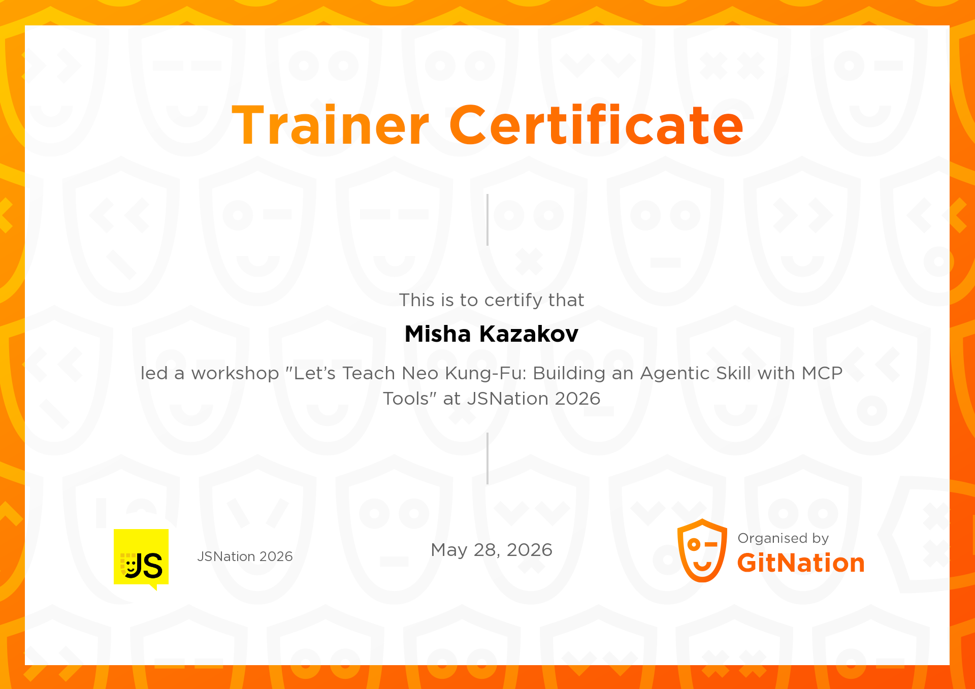 Misha Kazakov's Certificate from JS Nation