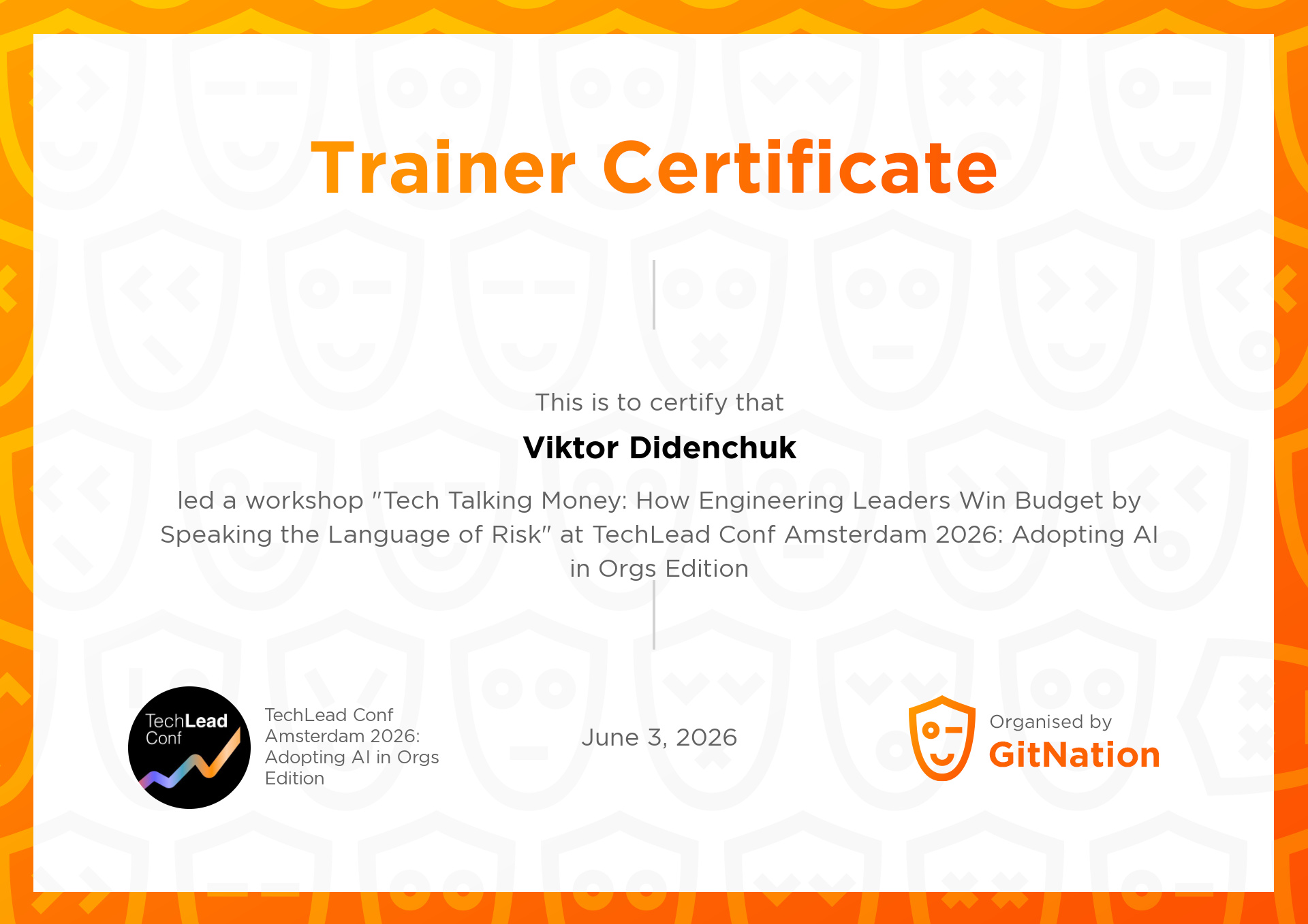 Viktor Didenchuk's Certificate from TechLead Conference
