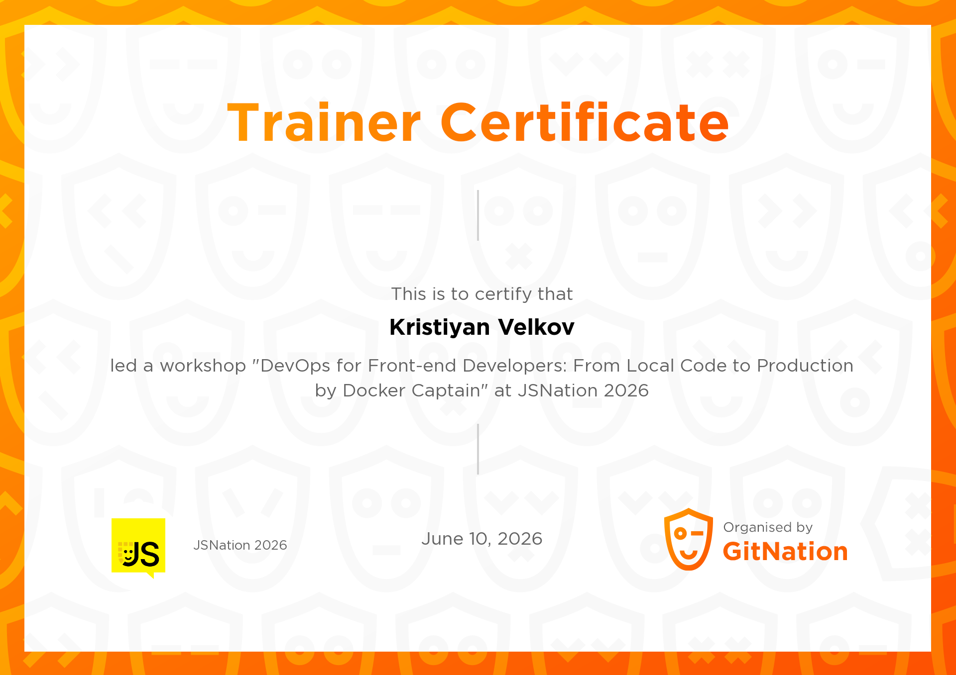 Kristiyan Velkov's Certificate from JS Nation