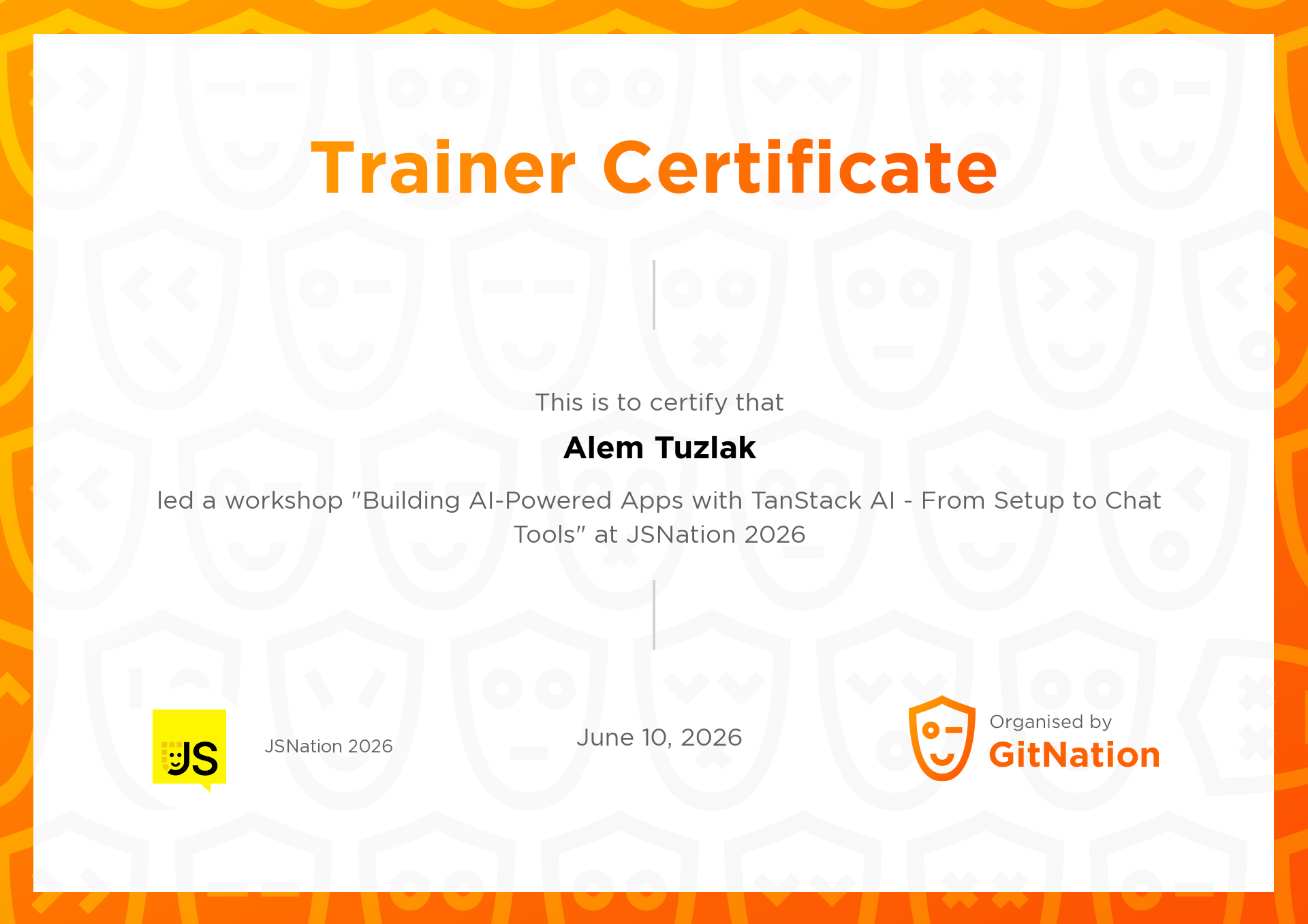 Alem Tuzlak's Certificate from JS Nation