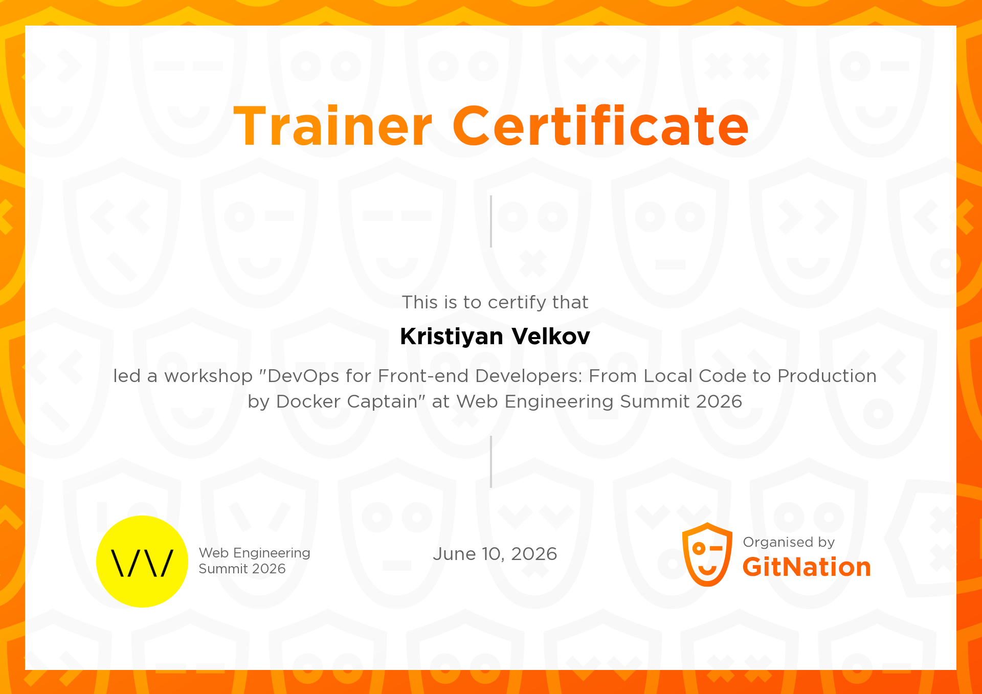 Kristiyan Velkov's Certificate from Web Engineering Summit