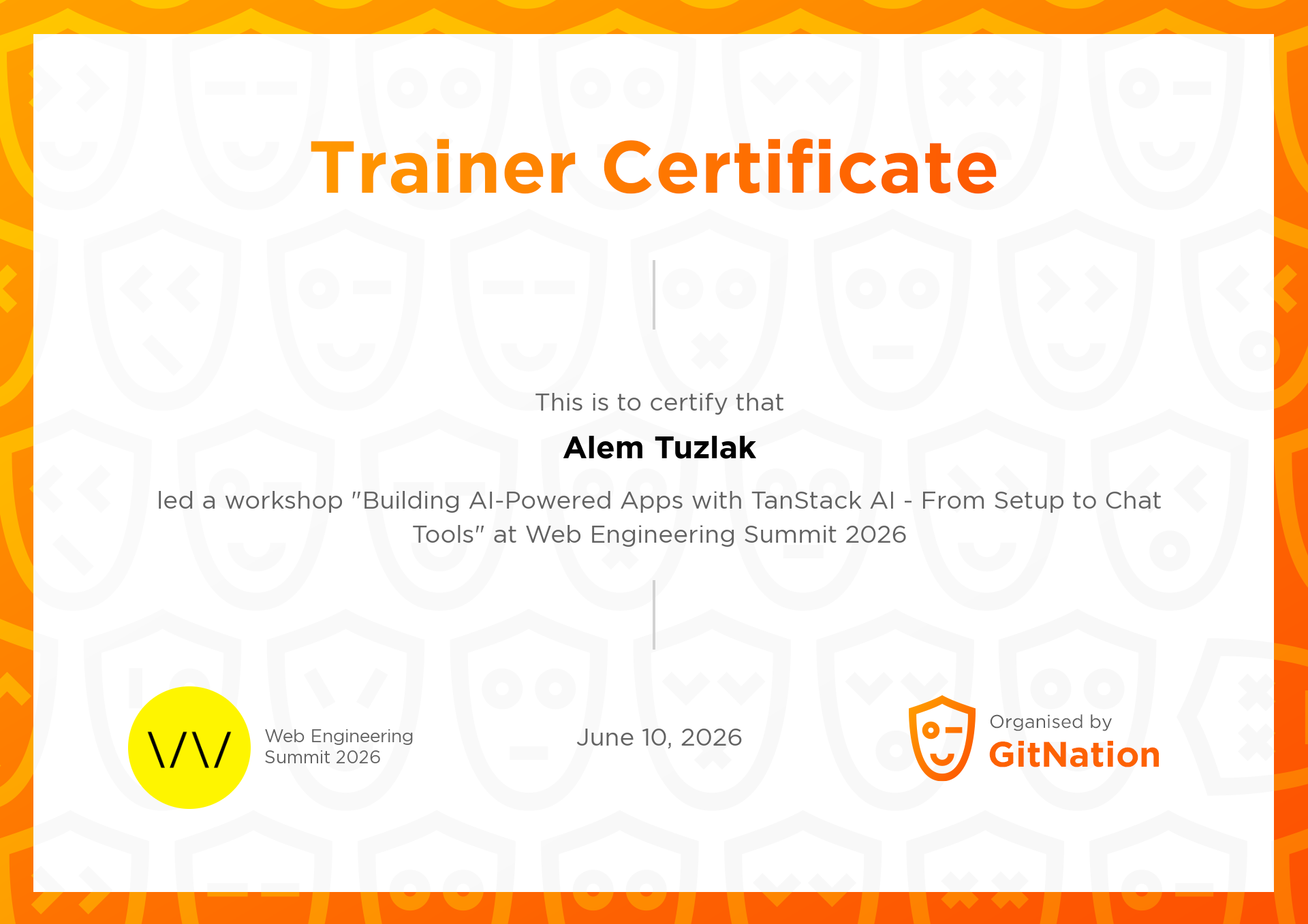 Alem Tuzlak's Certificate from Web Engineering Summit