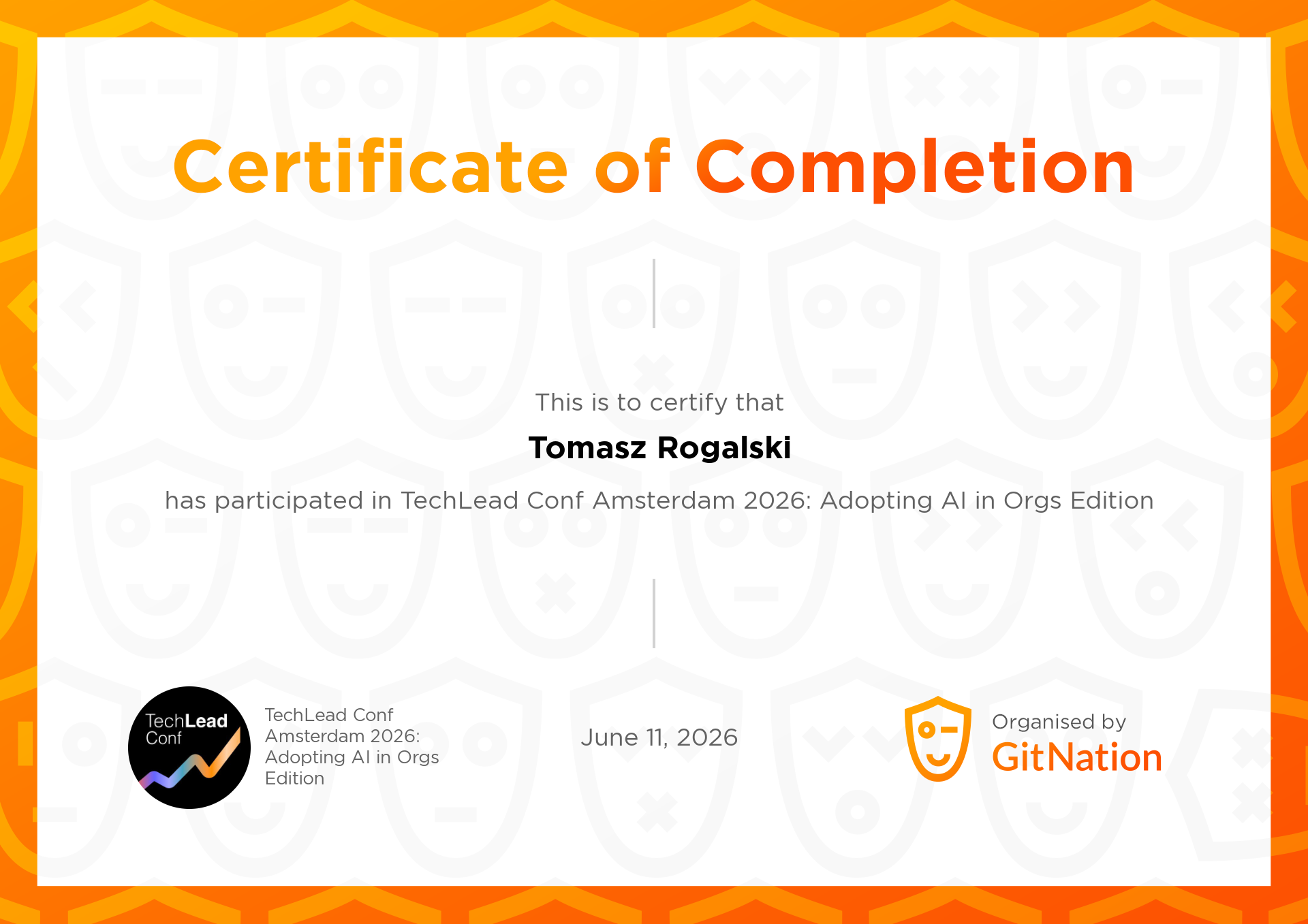 Tomasz Rogalski's Certificate from TechLead Conference