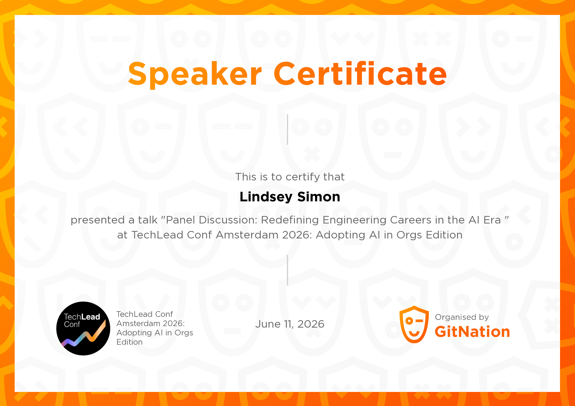 Lindsey Simon's Certificate from TechLead Conference