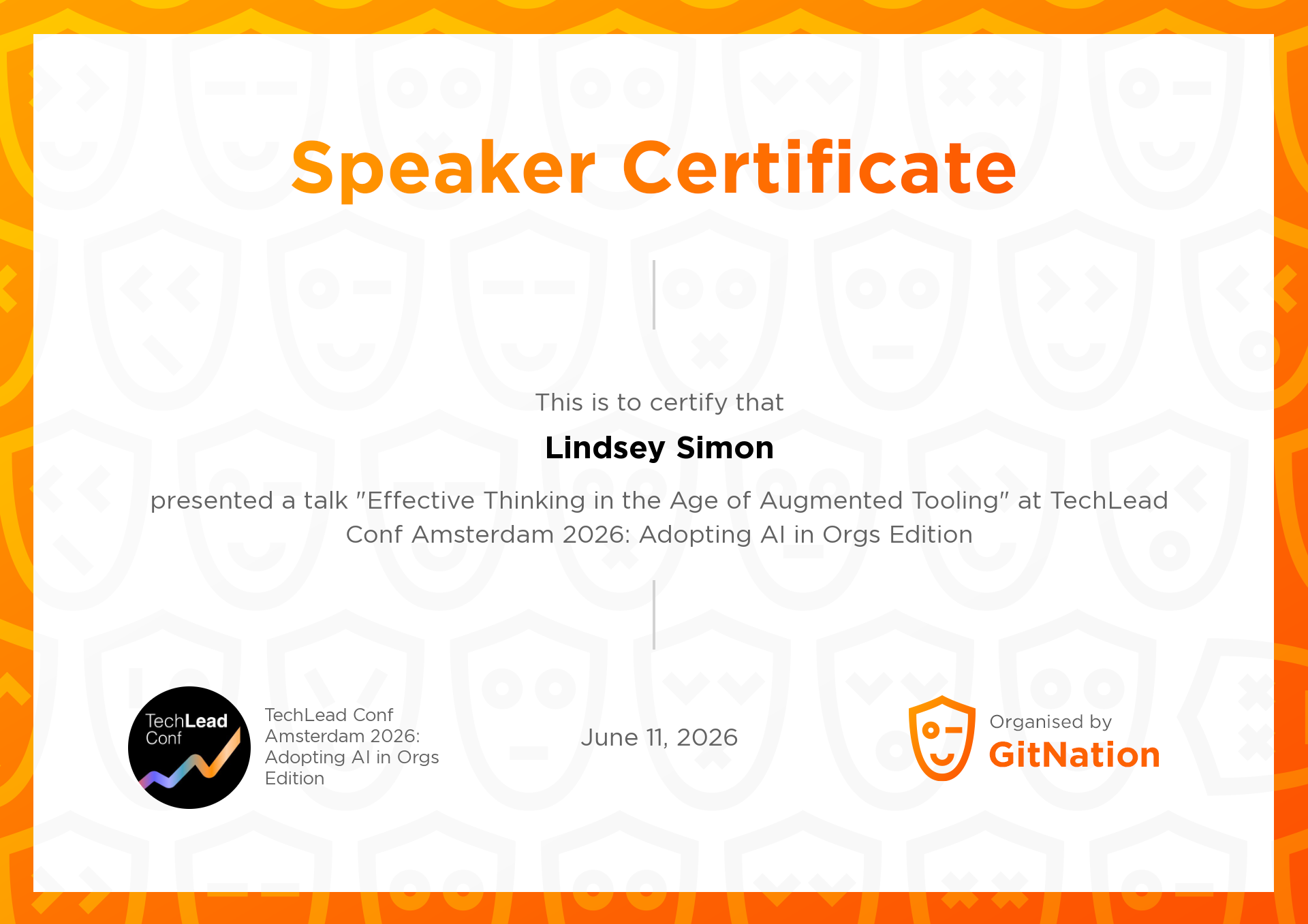 Lindsey Simon's Certificate from TechLead Conference