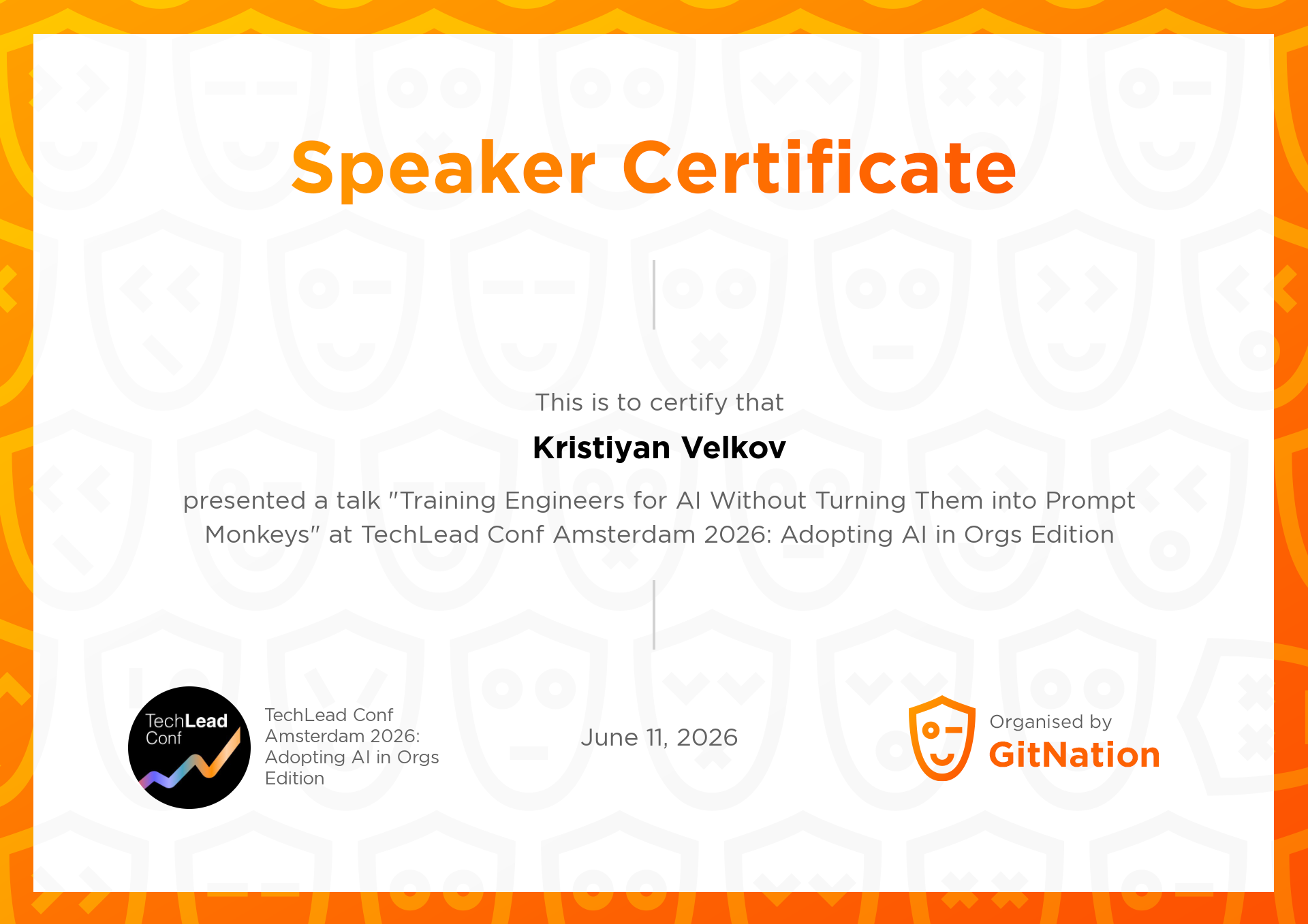 Kristiyan Velkov's Certificate from TechLead Conference