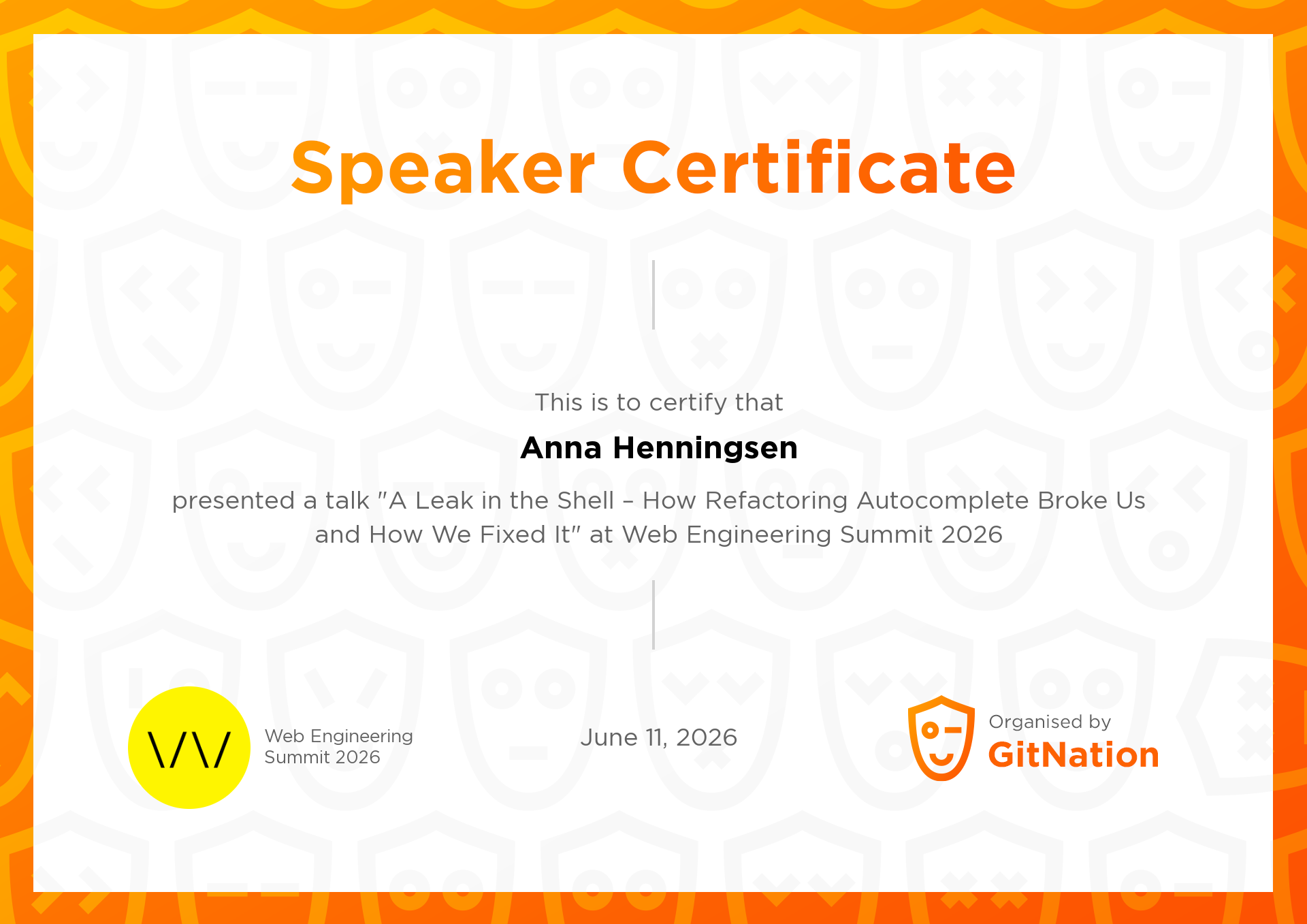 Anna Henningsen's Certificate from Web Engineering Summit