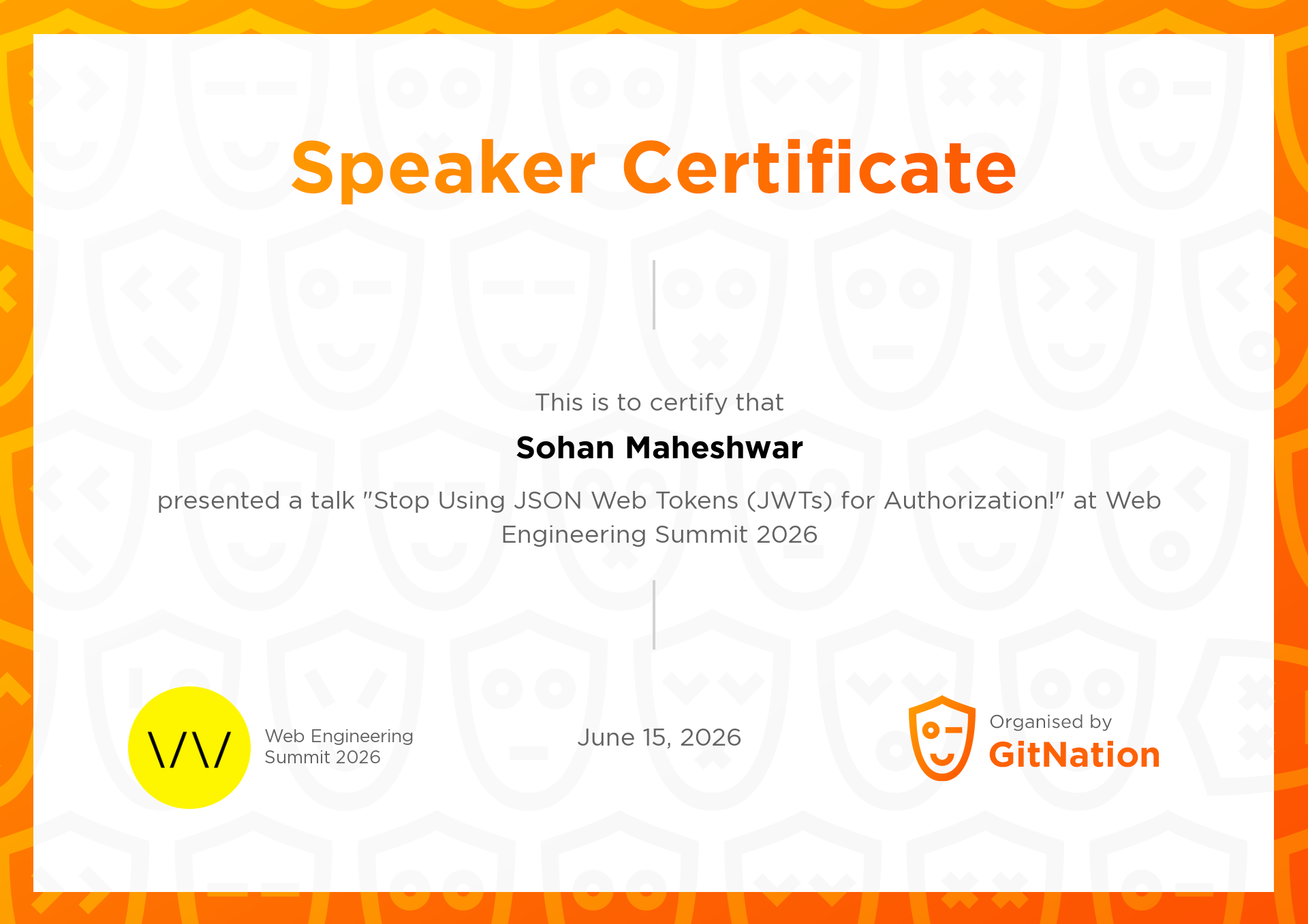 Sohan Maheshwar's Certificate from Web Engineering Summit
