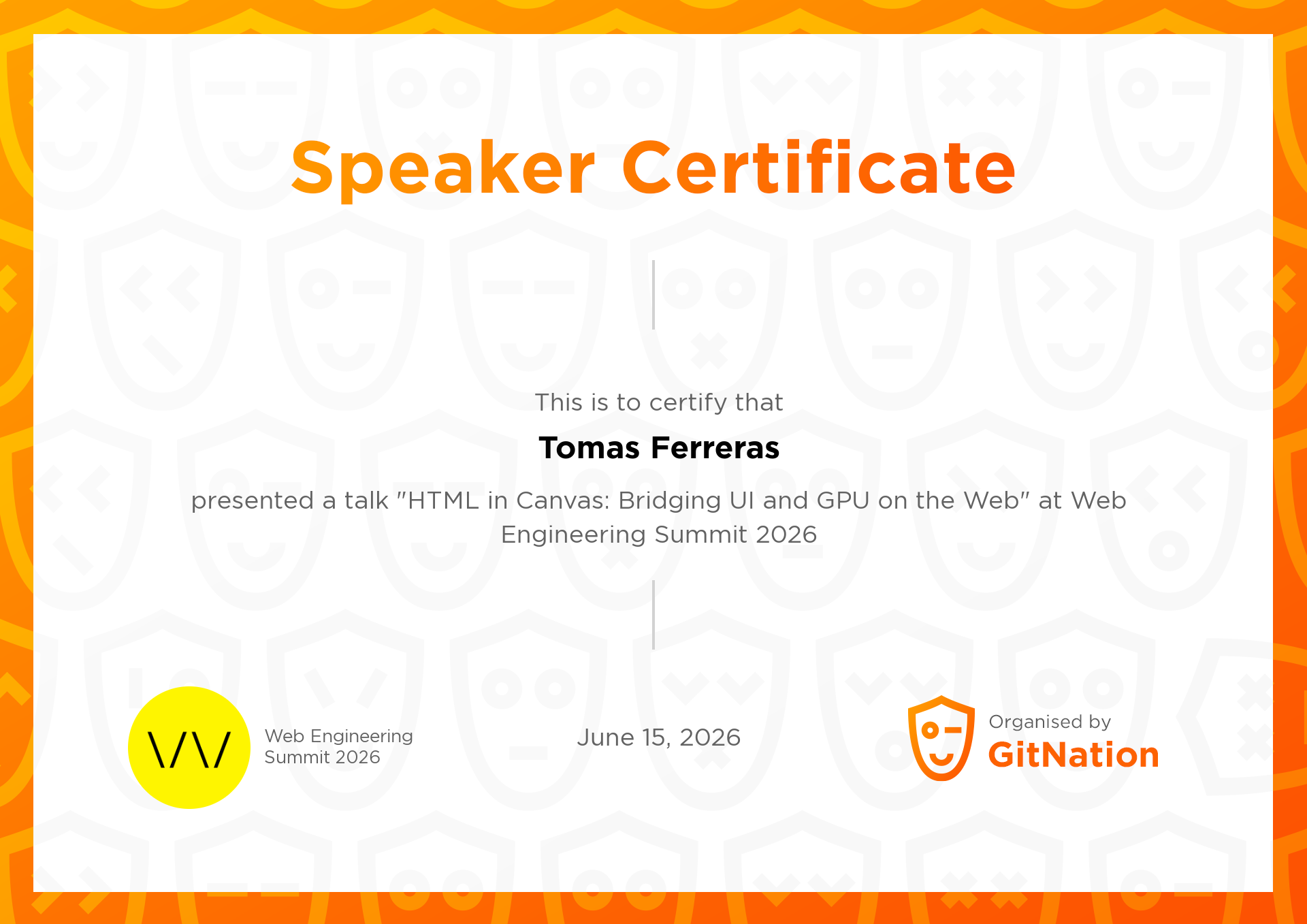 Tomas Ferreras's Certificate from Web Engineering Summit