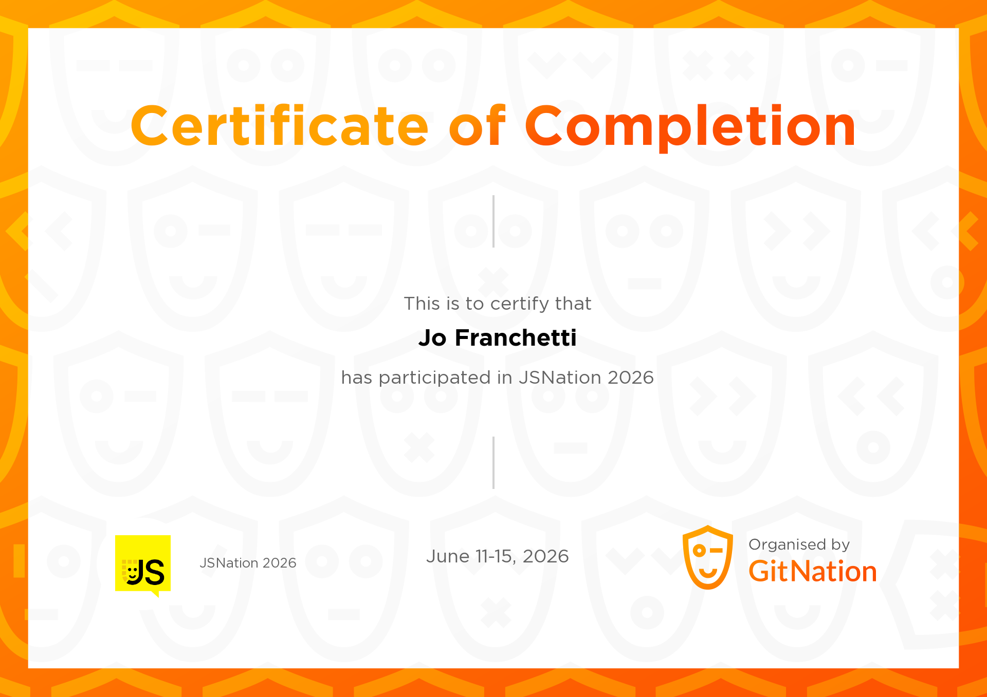 Jo Franchetti's Certificate from JS Nation