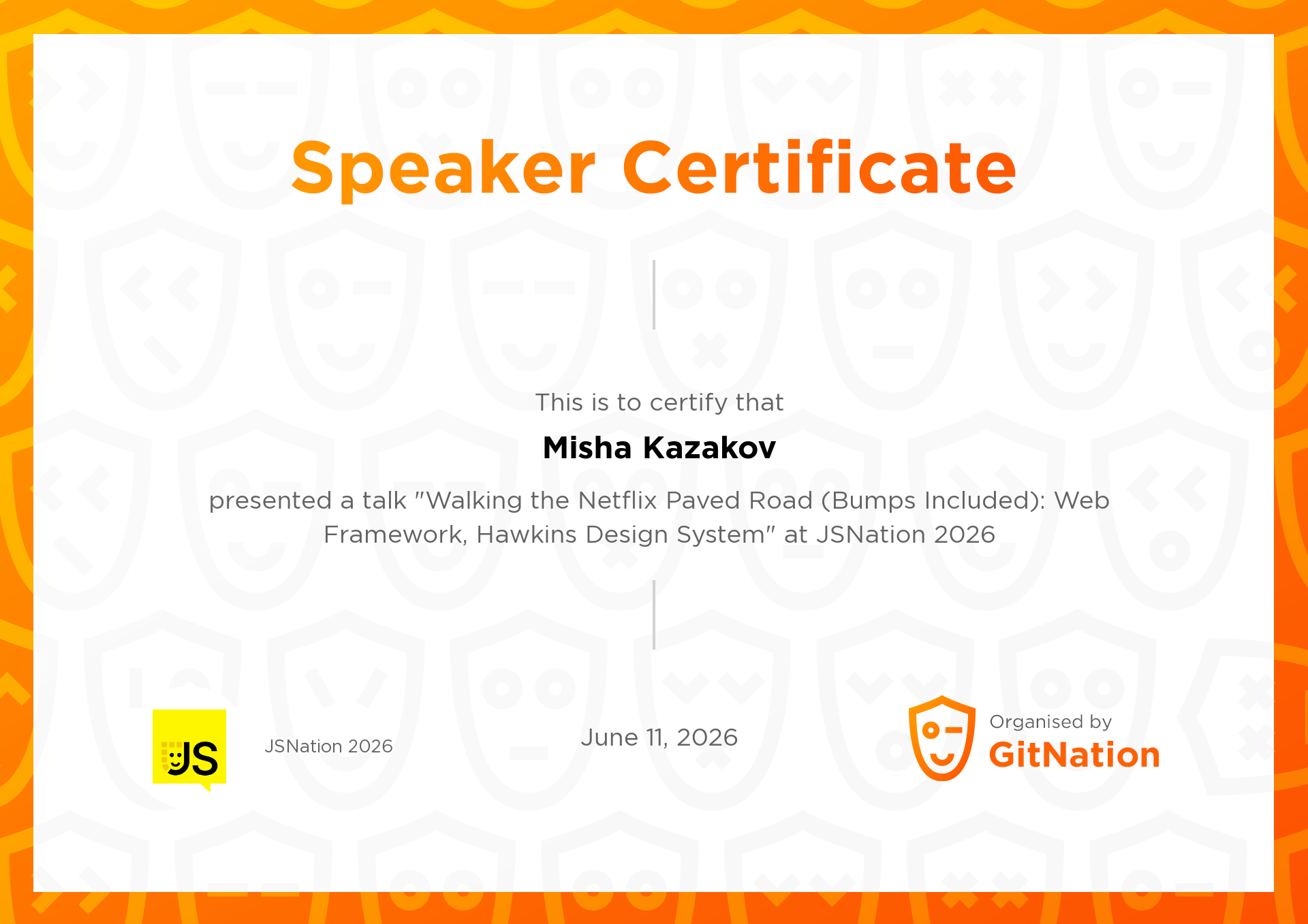 Misha Kazakov's Certificate from JS Nation