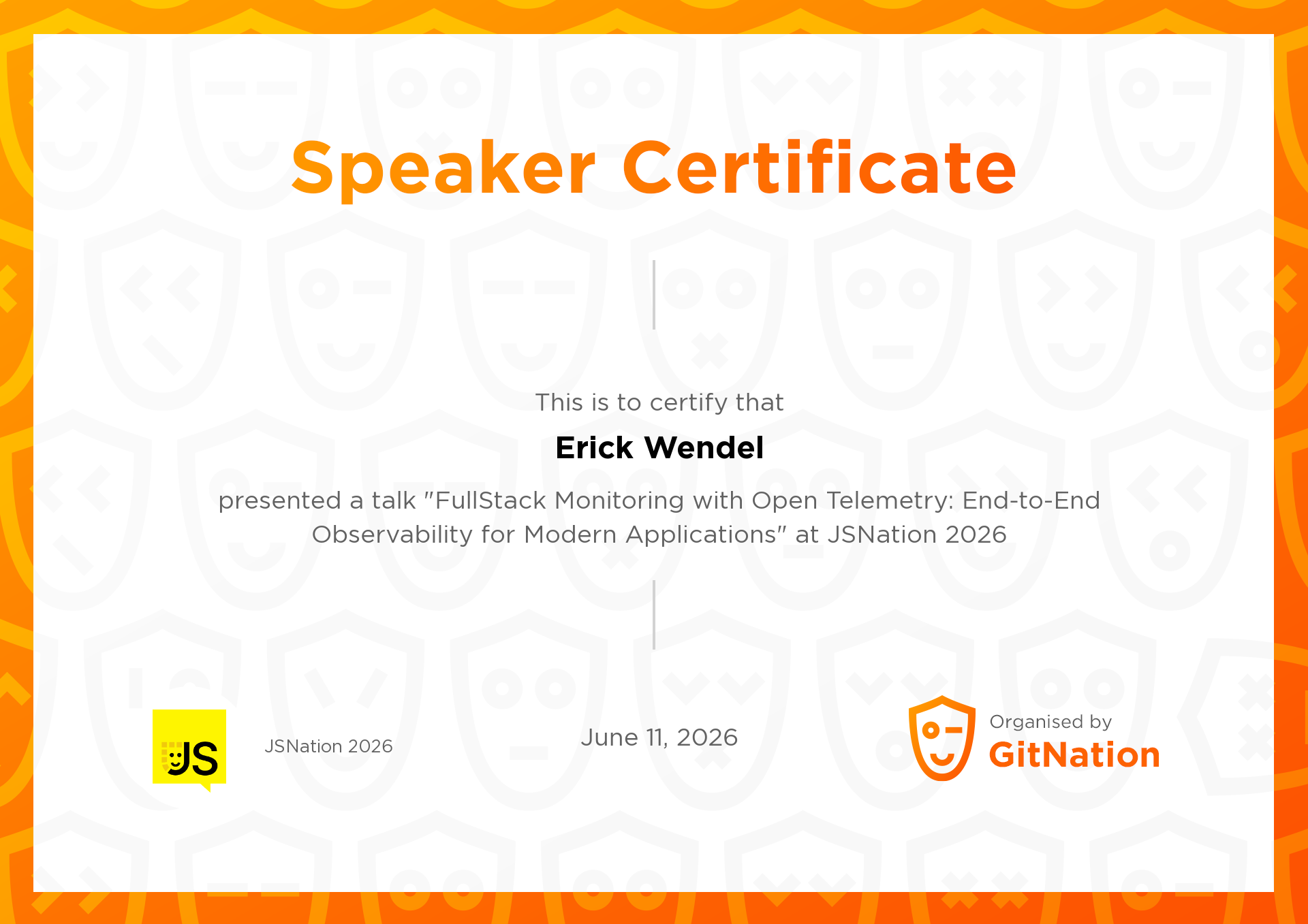 Erick Wendel's Certificate from JS Nation