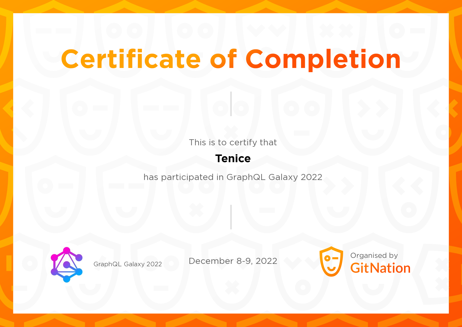 Tenice's Certificate from GraphQL Galaxy
