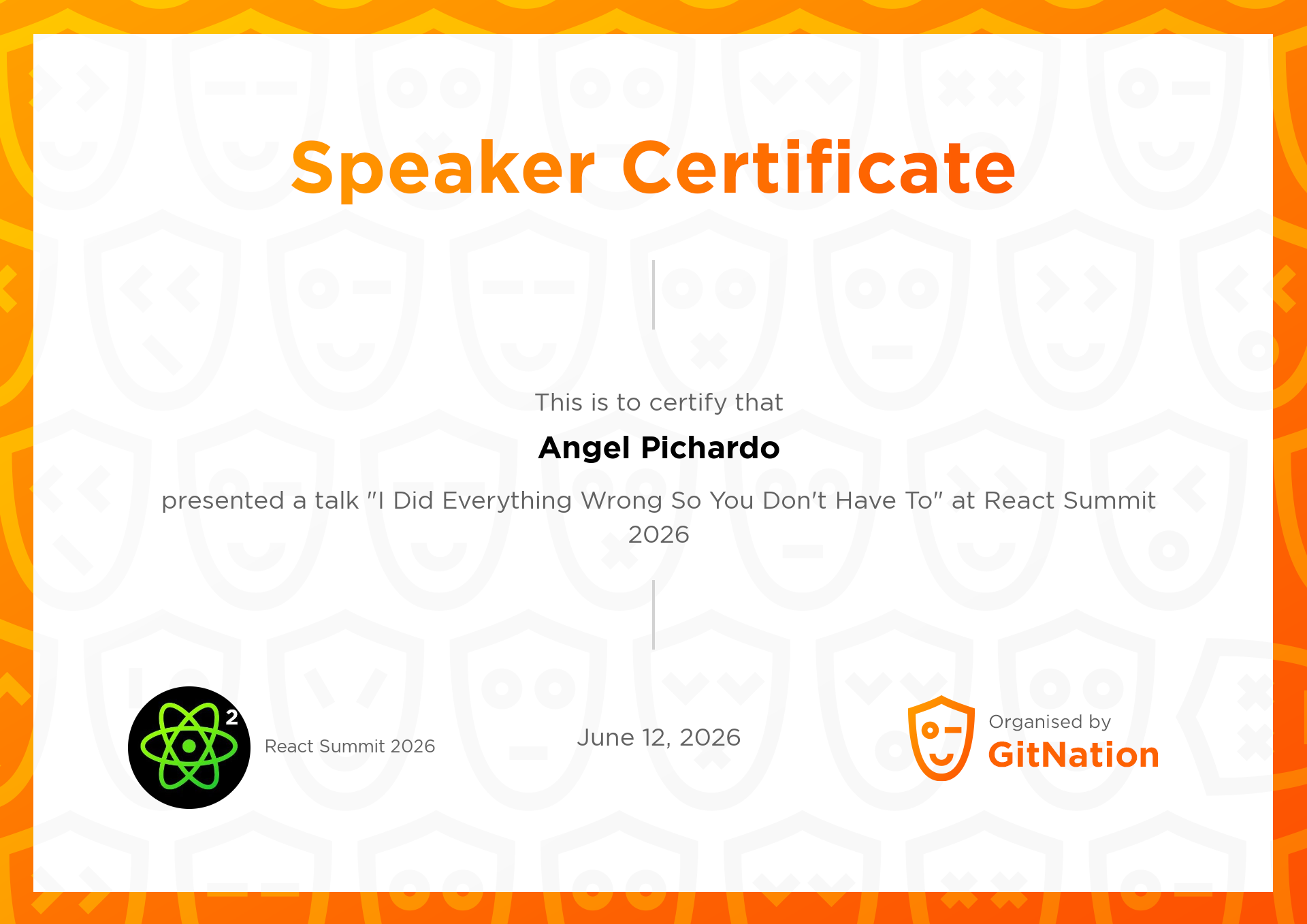 Angel Pichardo's Certificate from React Summit