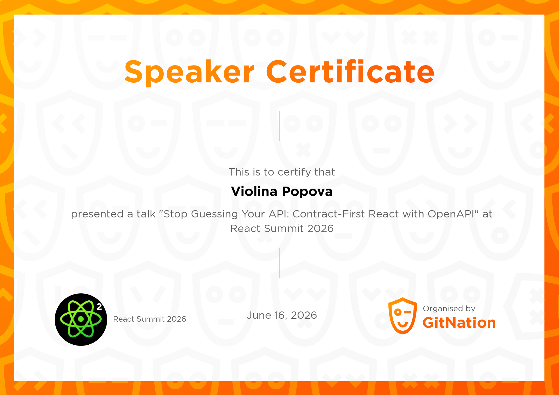 Violina Popova's Certificate from React Summit