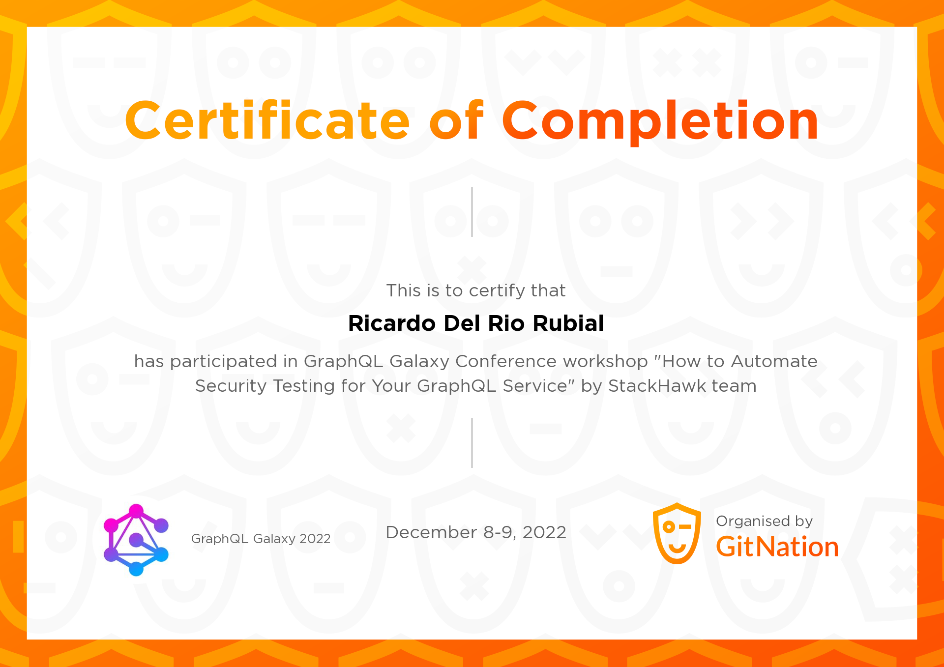Ricardo Del Rio Rubial's Certificate from GraphQL Galaxy