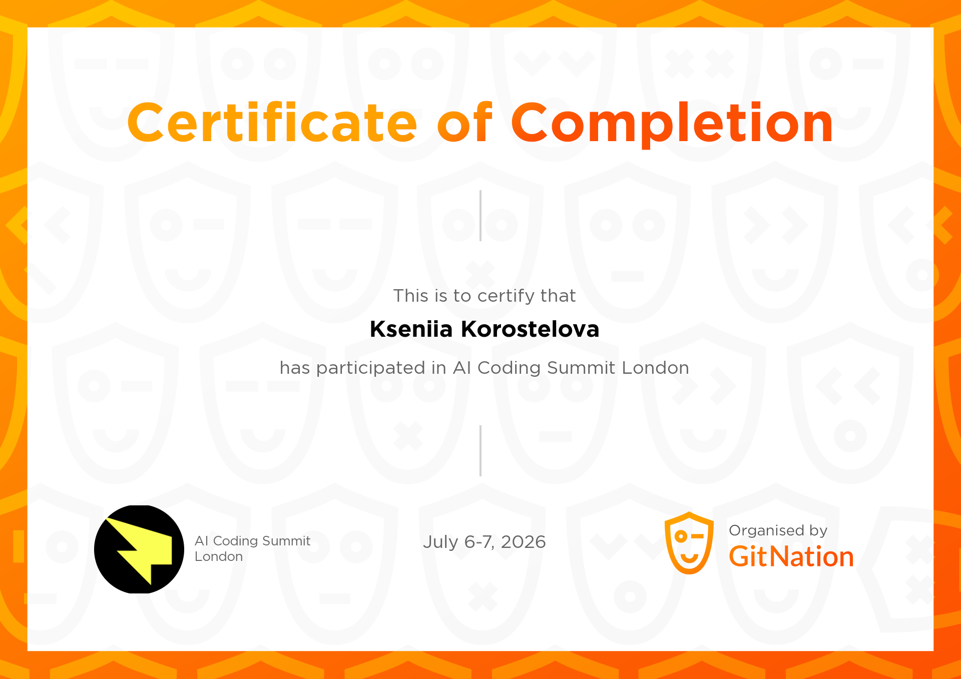 Kseniia Korostelova's Certificate from AI Coding Summit