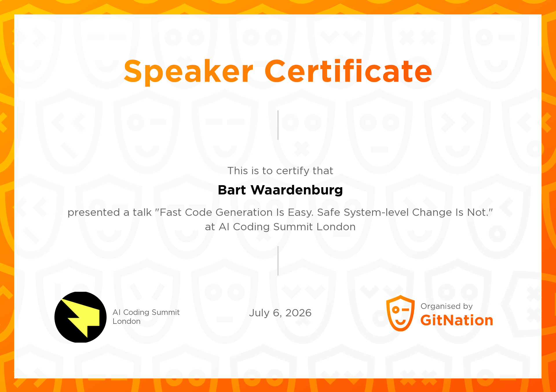 Bart Waardenburg's Certificate from AI Coding Summit